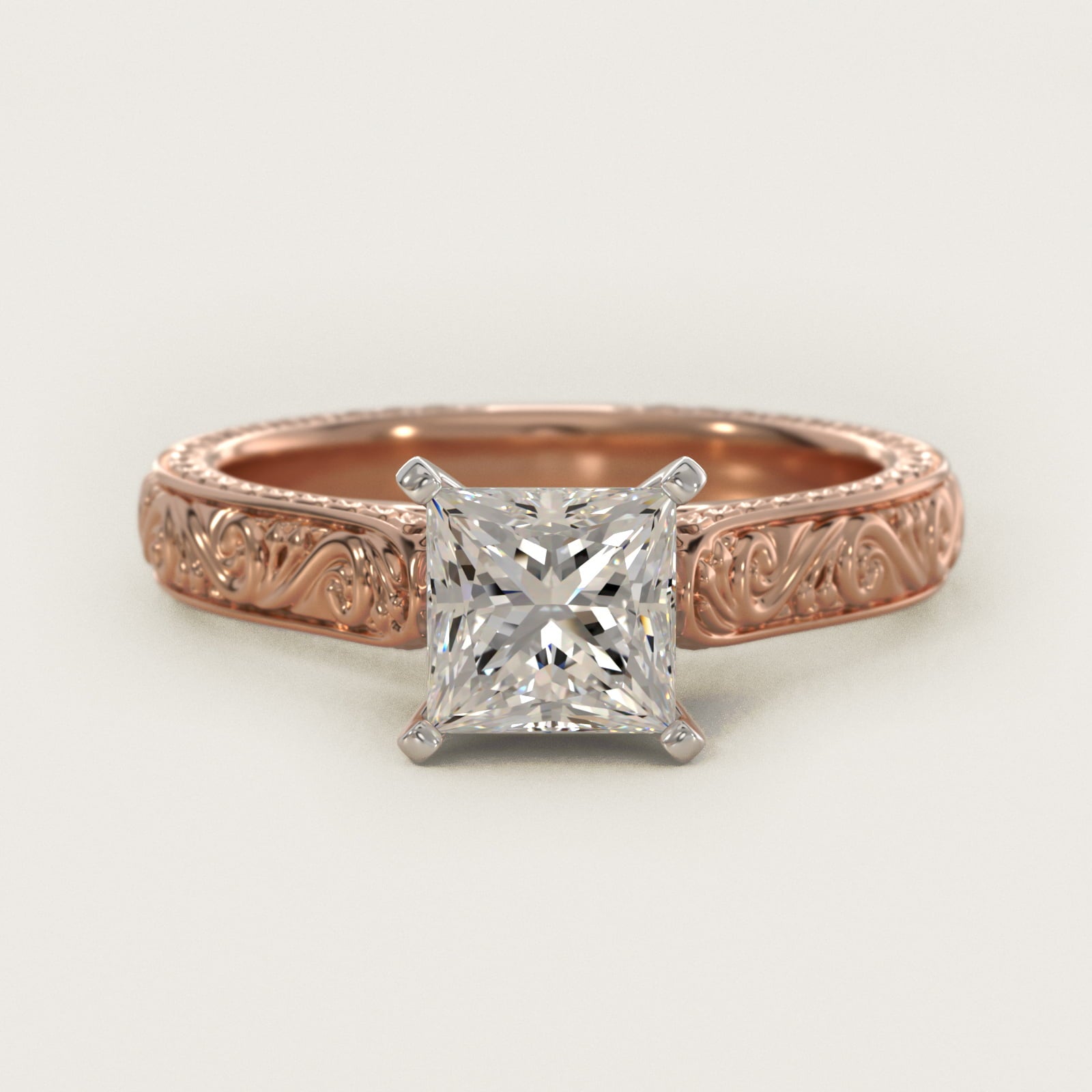 Hand-Engraved Solitaire Engagement Ring in 18k Rose Gold - Princess Center