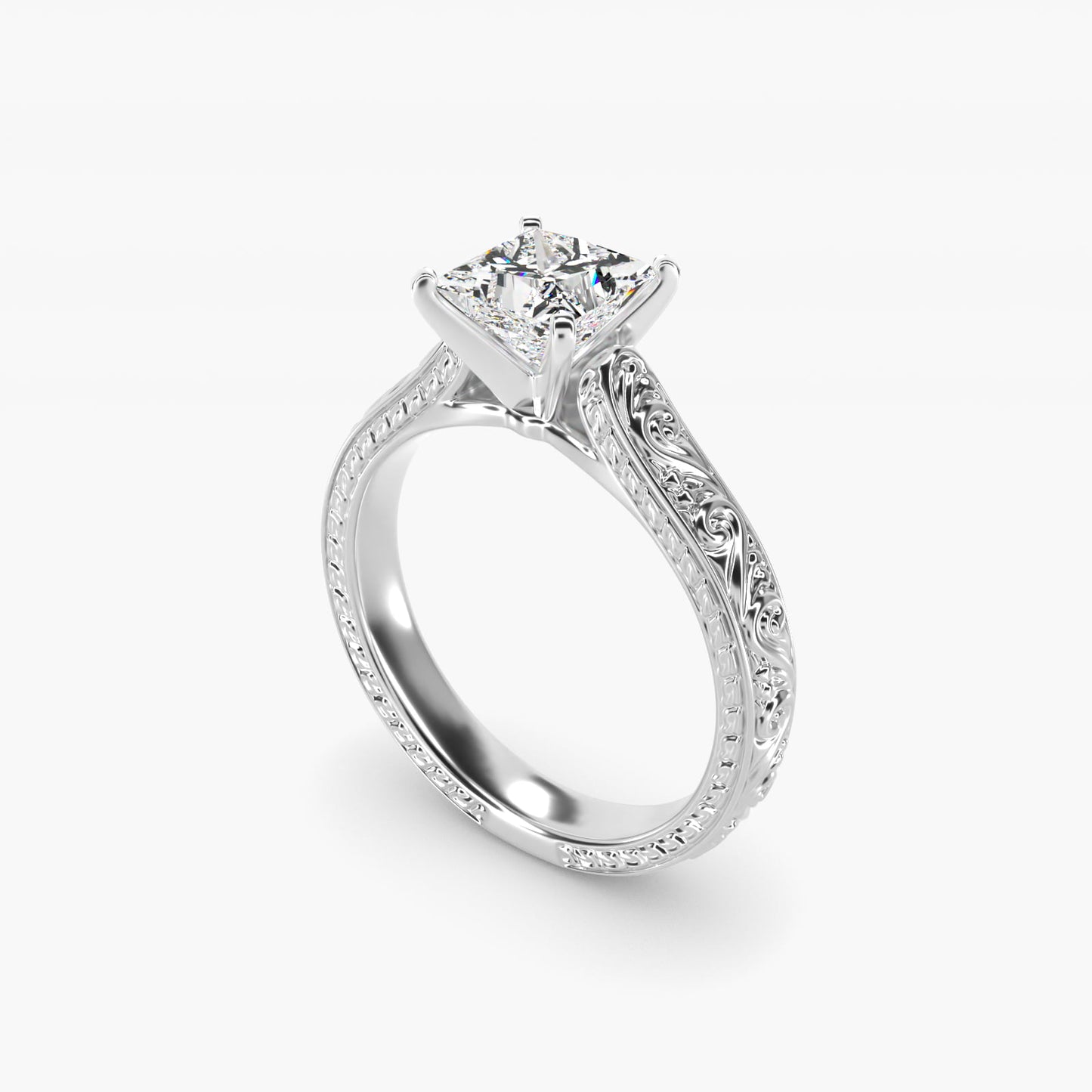 Hand-Engraved Solitaire Engagement Ring in 18k White Gold - Princess Center