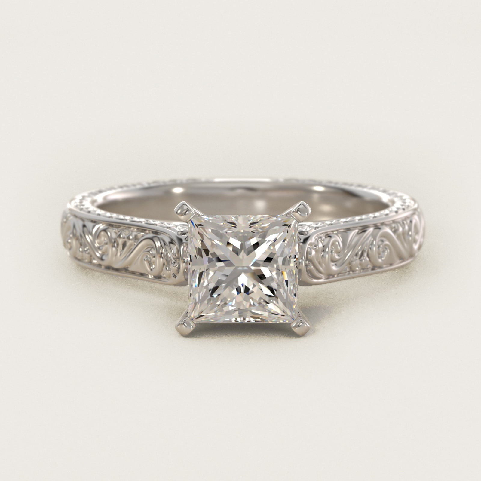 Hand-Engraved Solitaire Engagement Ring in 18k White Gold - Princess Center