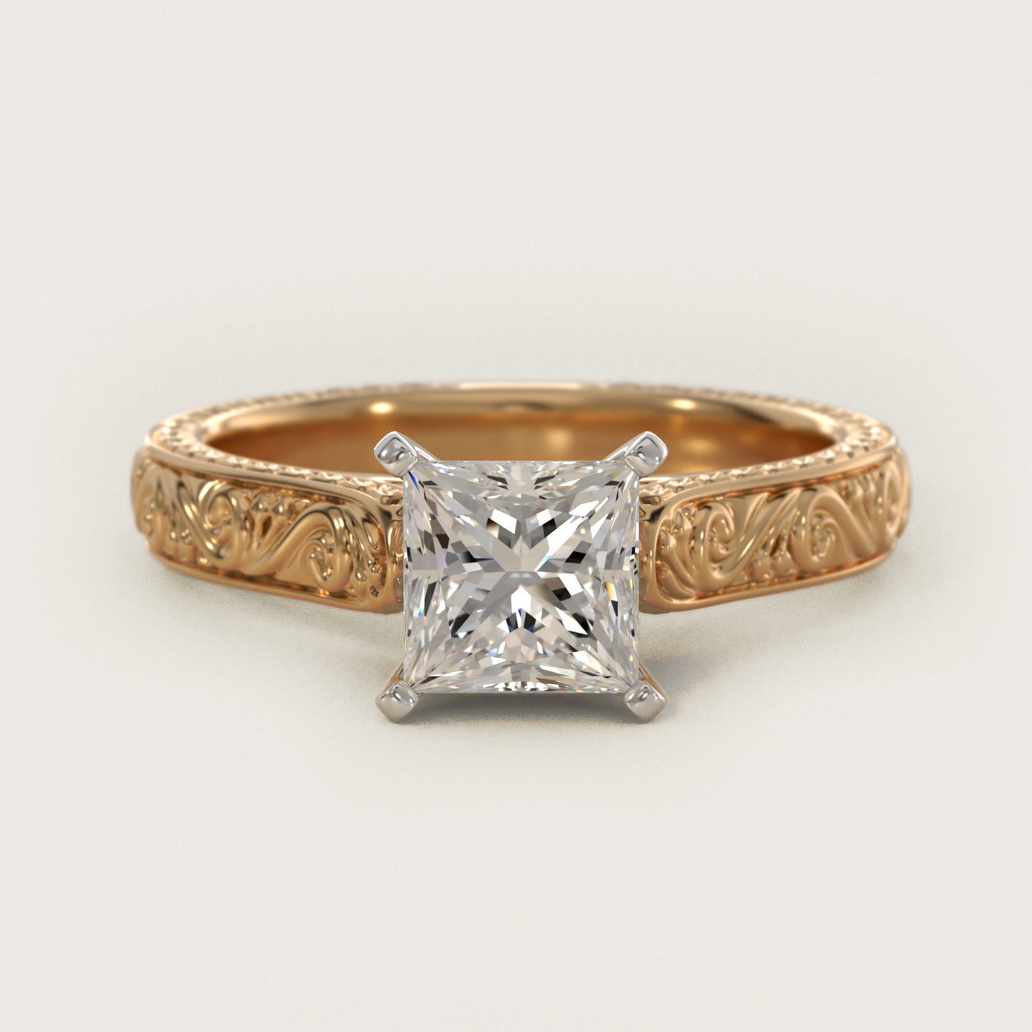 Hand-Engraved Solitaire Engagement Ring in 14K Yellow Gold - Princess Center