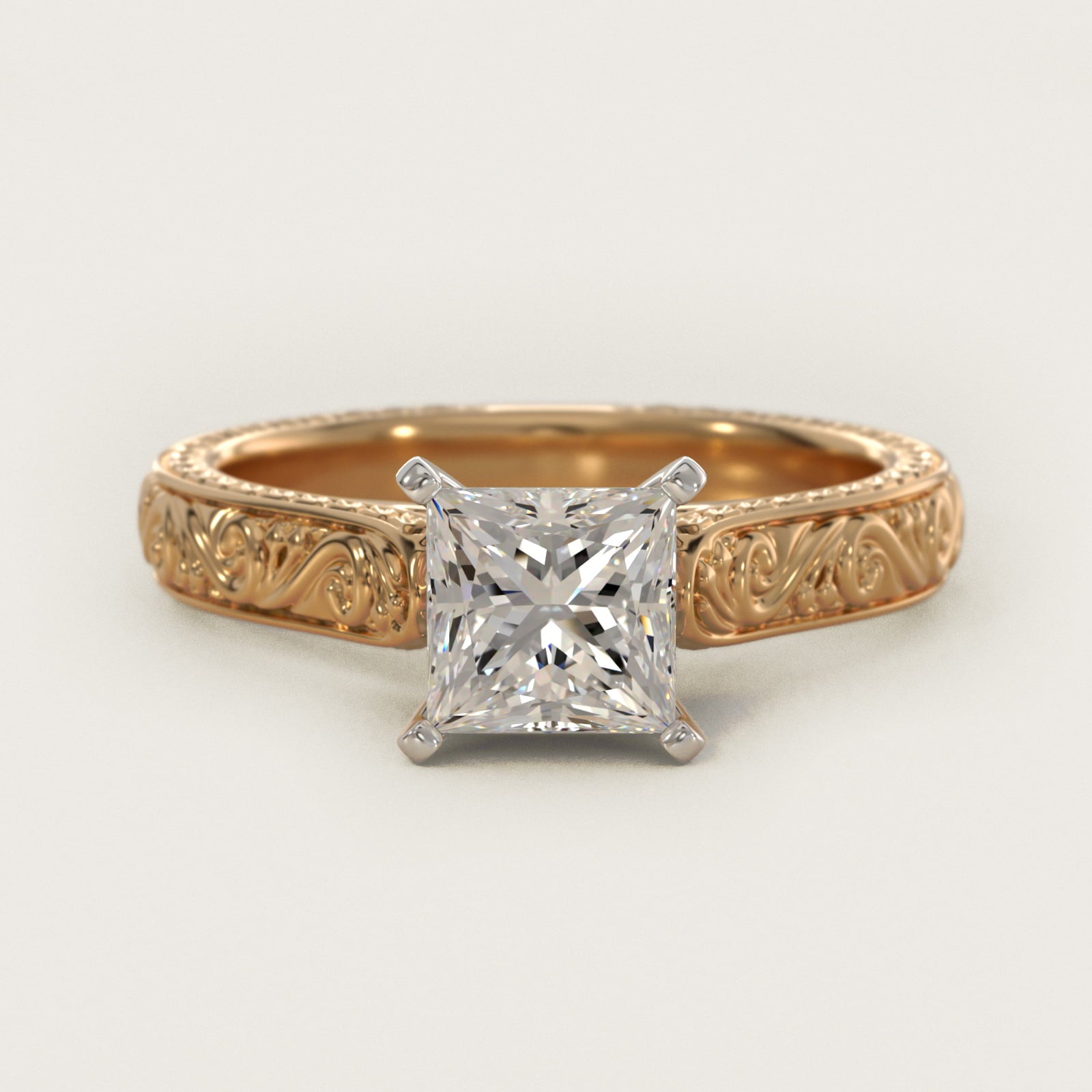 Hand-Engraved Solitaire Engagement Ring in 18k Yellow Gold - Princess Center