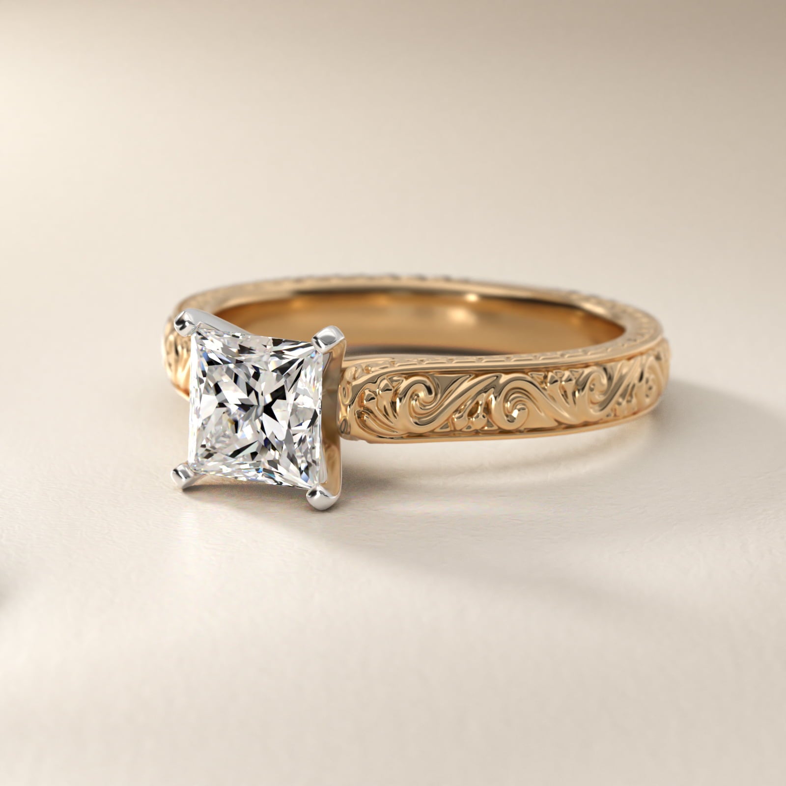 Hand-Engraved Solitaire Engagement Ring in 14K Yellow Gold - Princess Center