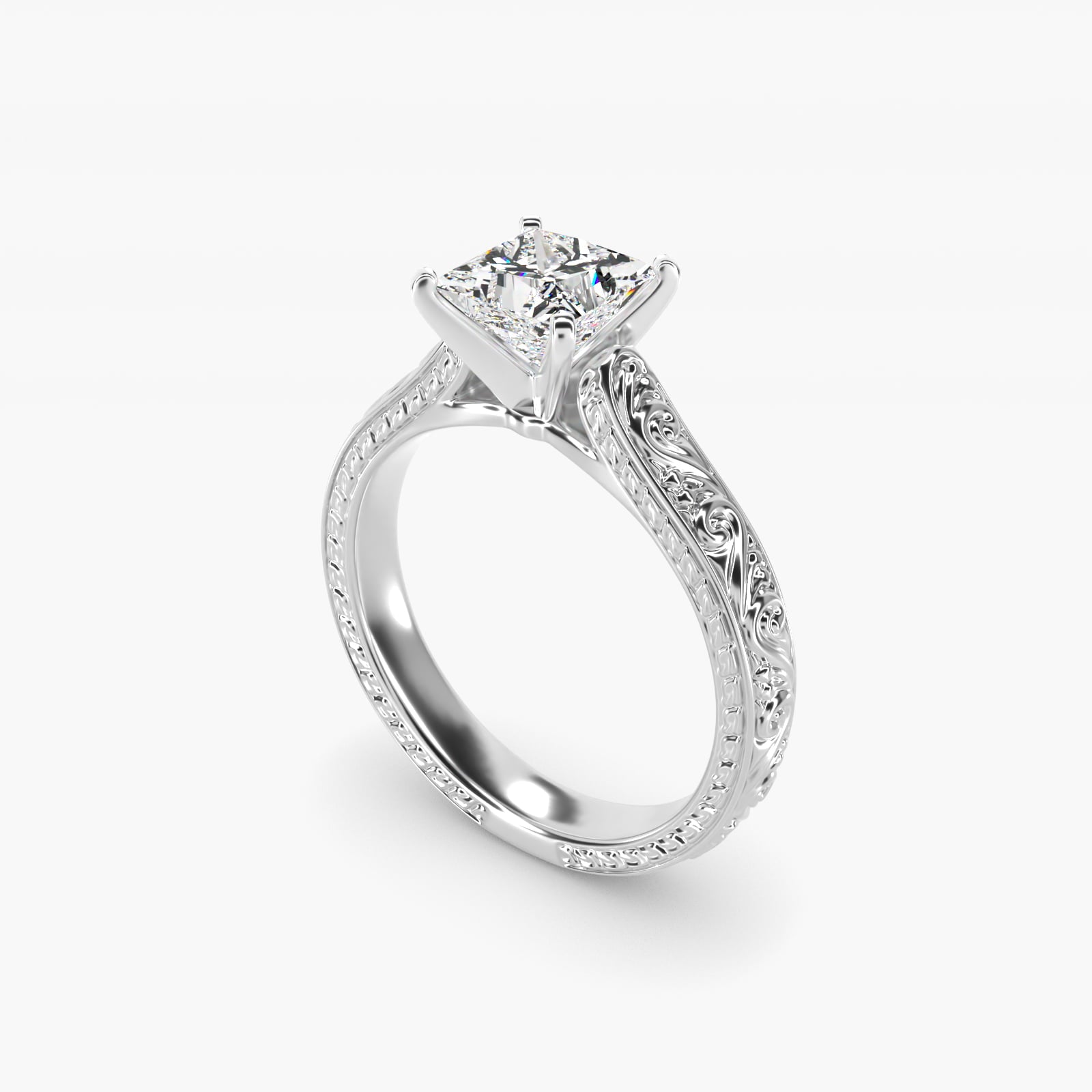 Hand-Engraved Solitaire Engagement Ring in Platinum - Princess Center