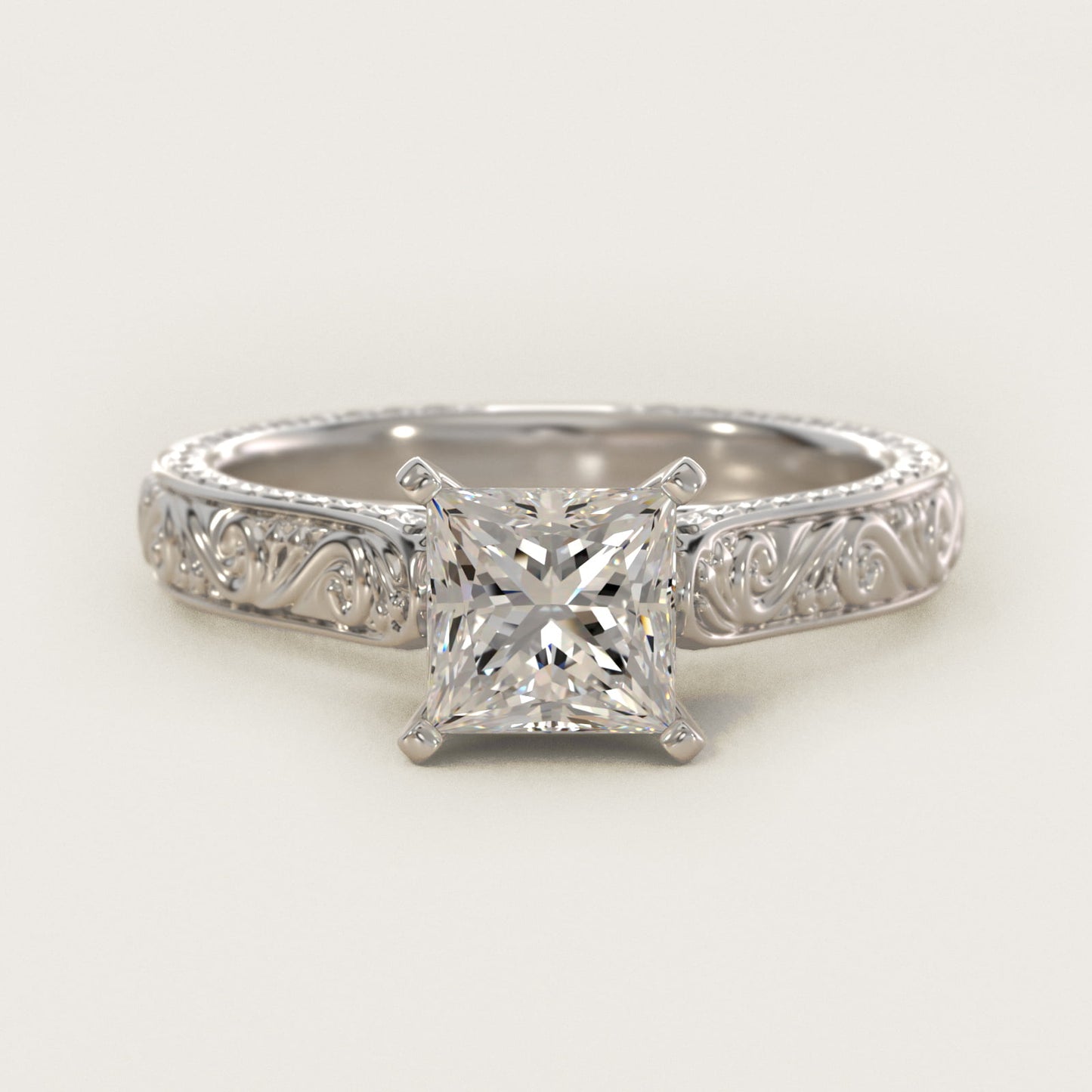 Hand-Engraved Solitaire Engagement Ring in Platinum - Princess Center