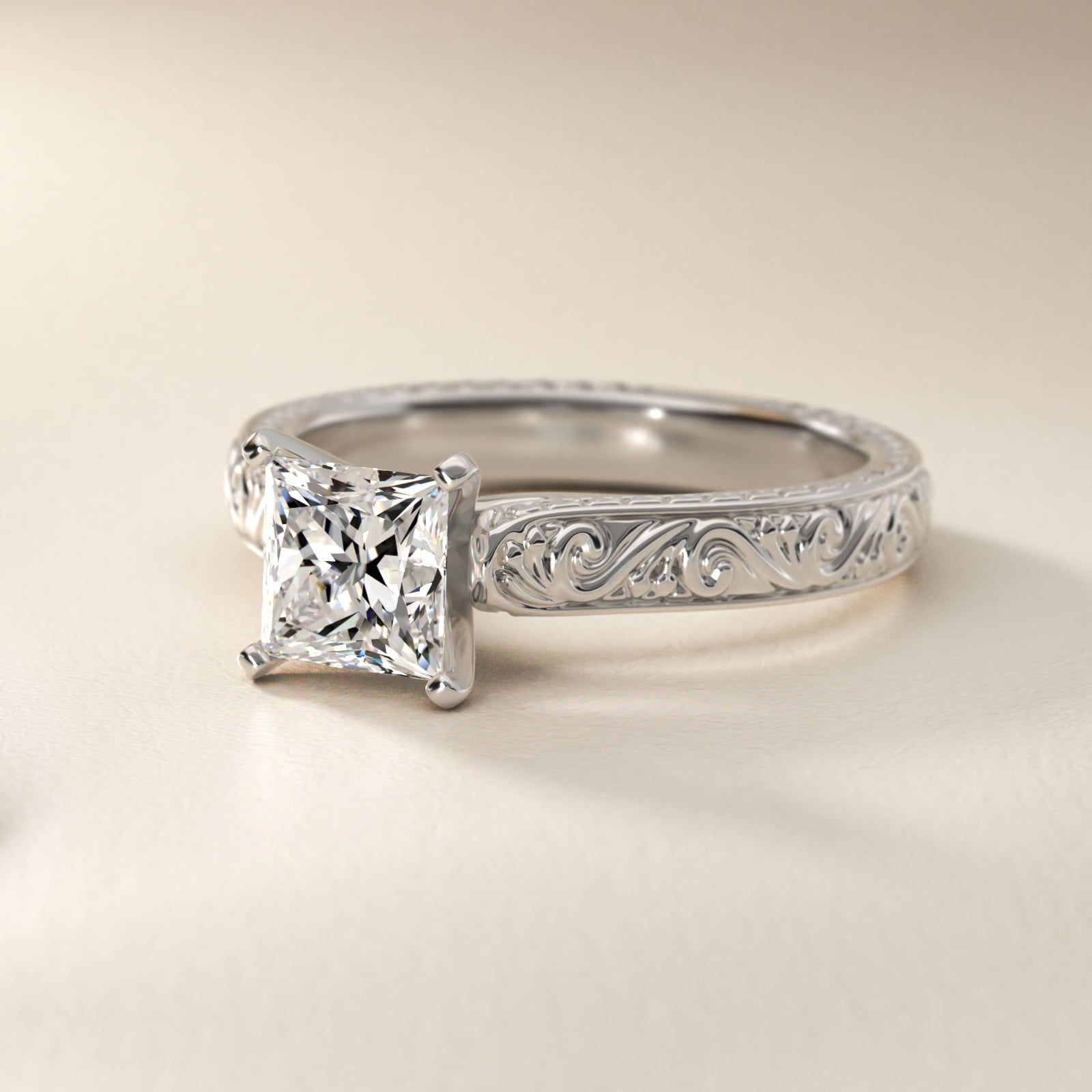Hand-Engraved Solitaire Engagement Ring in Platinum - Princess Center