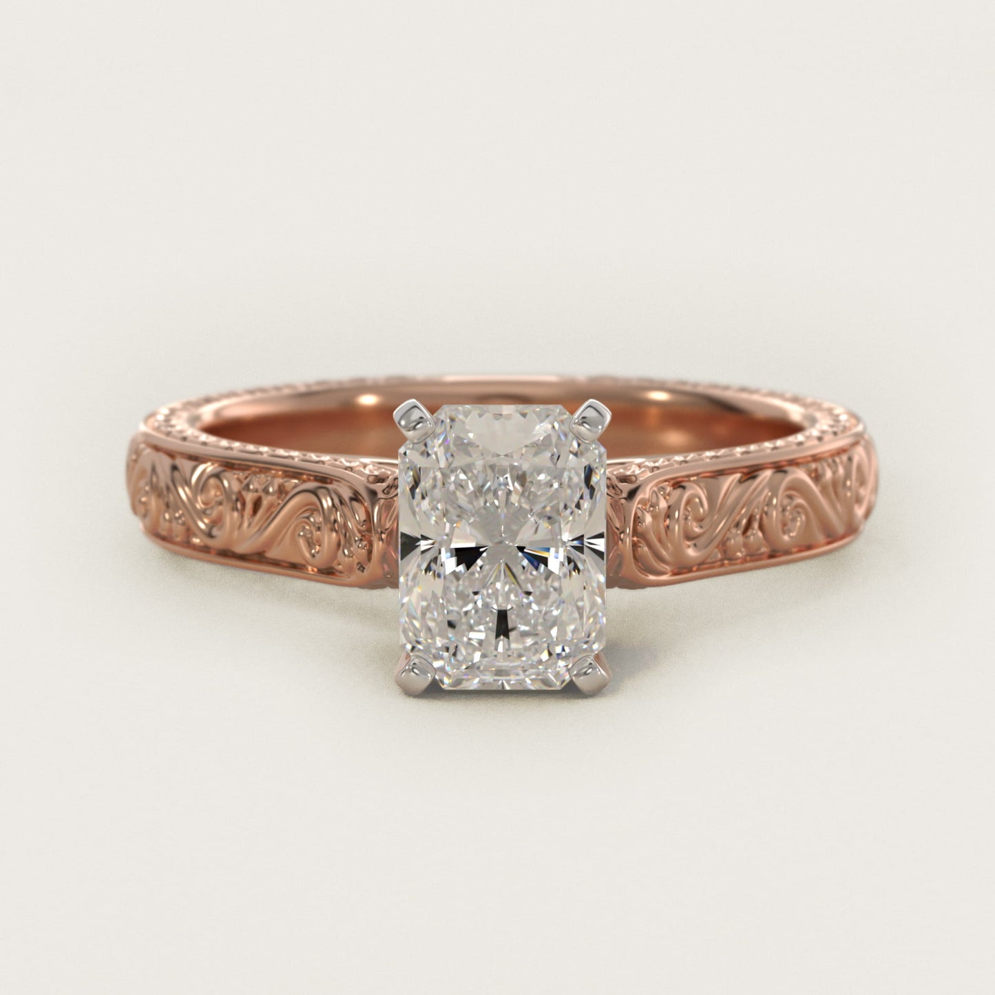 Hand-Engraved Solitaire Engagement Ring in 14k Rose Gold - Radiant Center