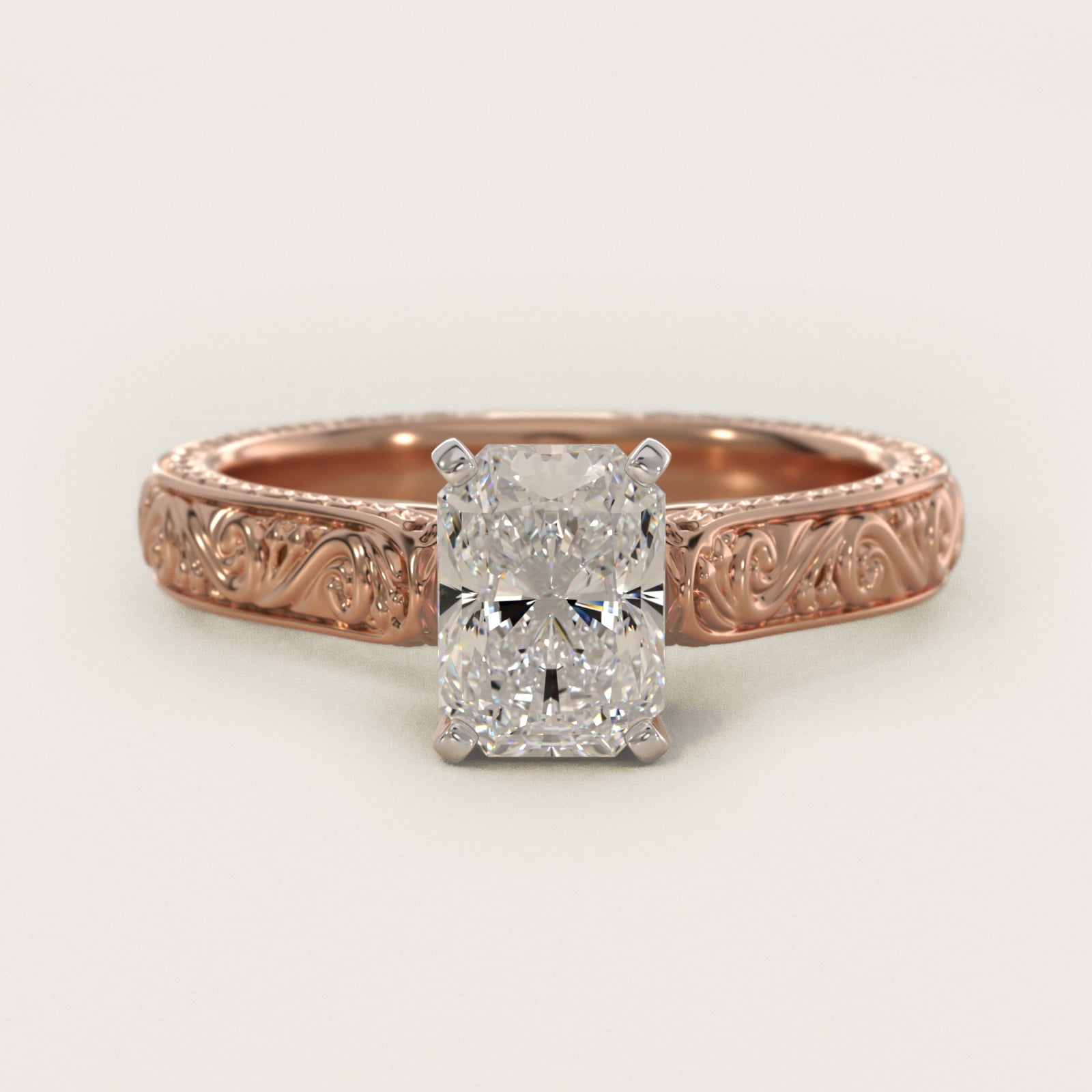 Hand-Engraved Solitaire Engagement Ring in 14k Rose Gold - Radiant Center