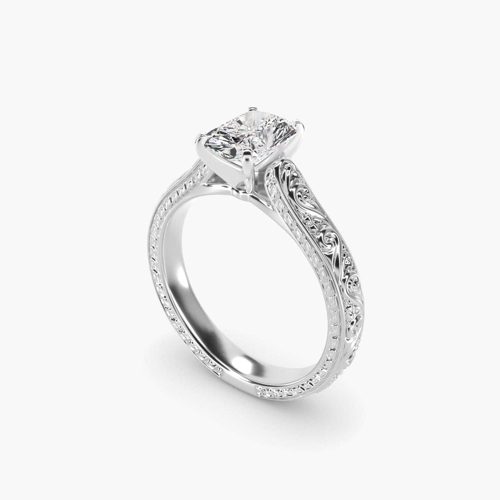 Hand-Engraved Solitaire Engagement Ring in 14K White Gold - Radiant Center