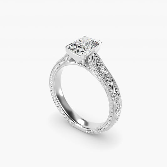 Hand-Engraved Solitaire Engagement Ring in 18k White Gold - Radiant Center