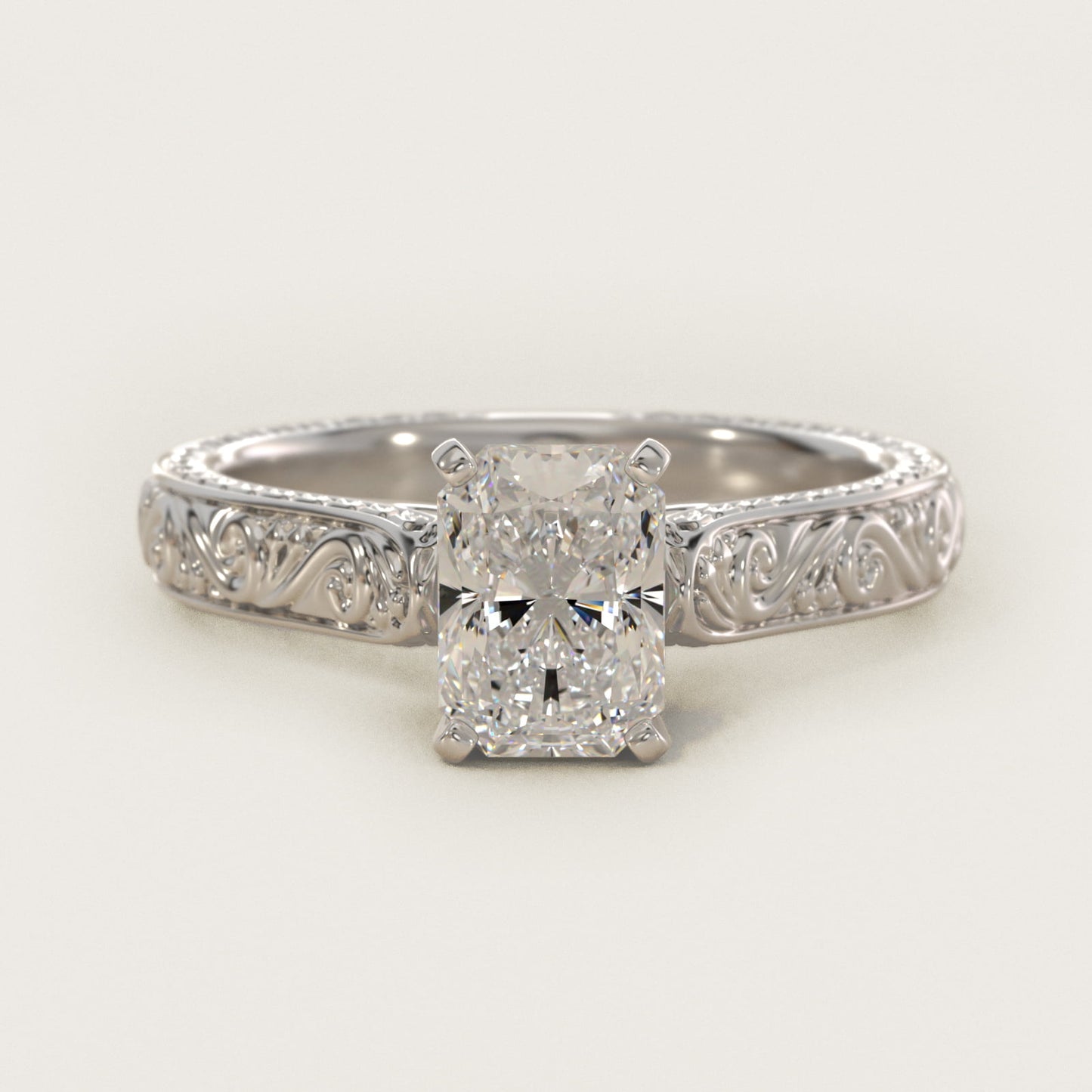 Hand-Engraved Solitaire Engagement Ring in 14K White Gold - Radiant Center