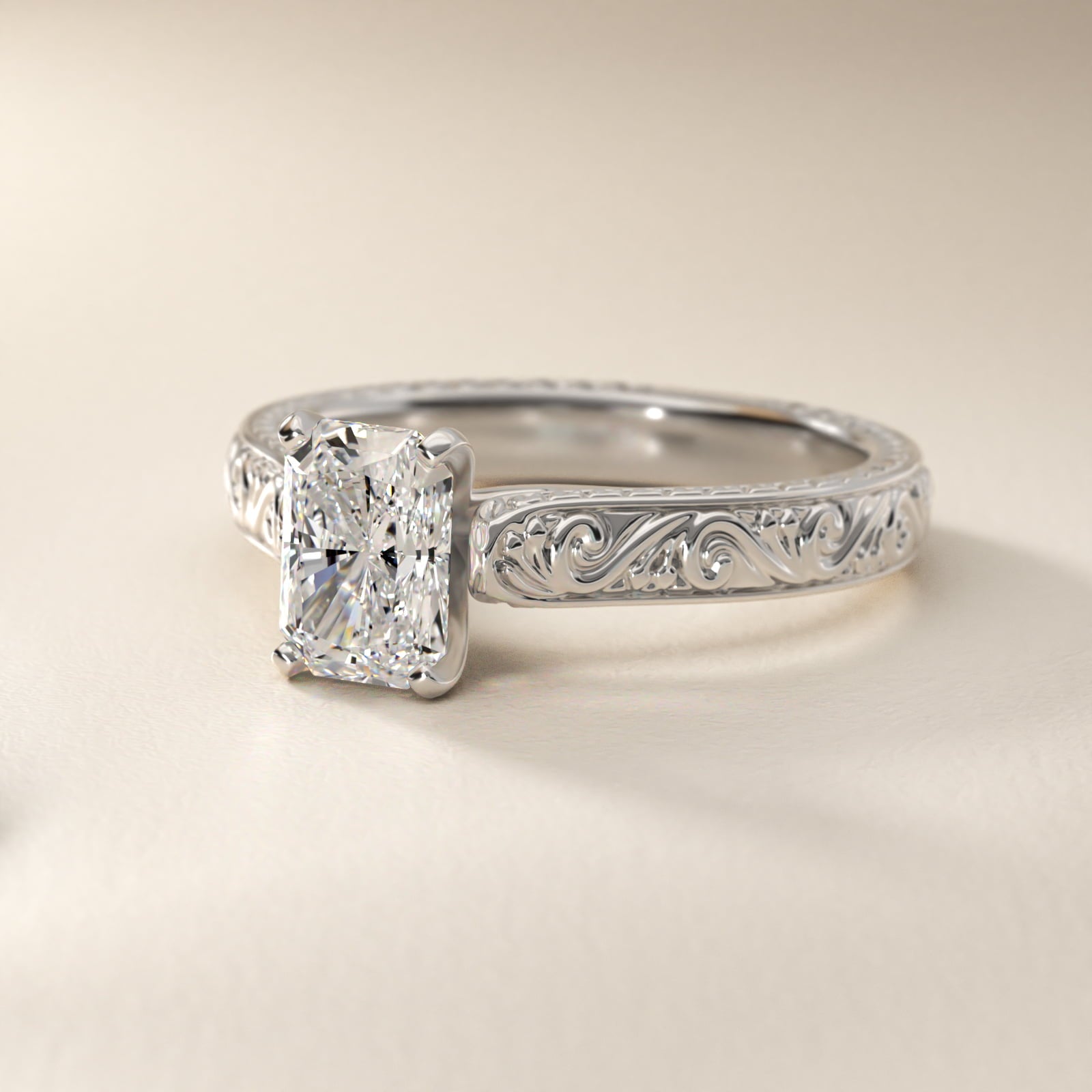 Hand-Engraved Solitaire Engagement Ring in 14K White Gold - Radiant Center