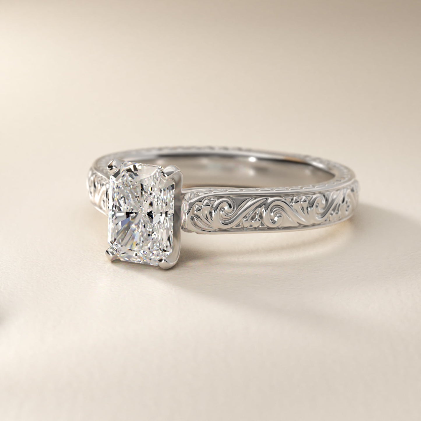 Hand-Engraved Solitaire Engagement Ring in 18k White Gold - Radiant Center