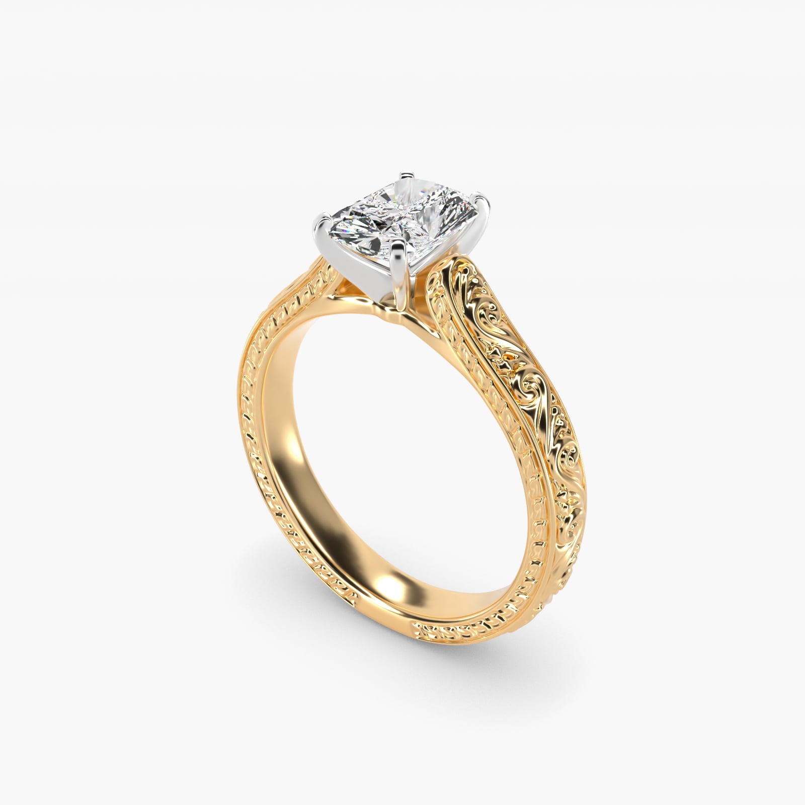 Hand-Engraved Solitaire Engagement Ring in 14K Yellow Gold - Radiant Center