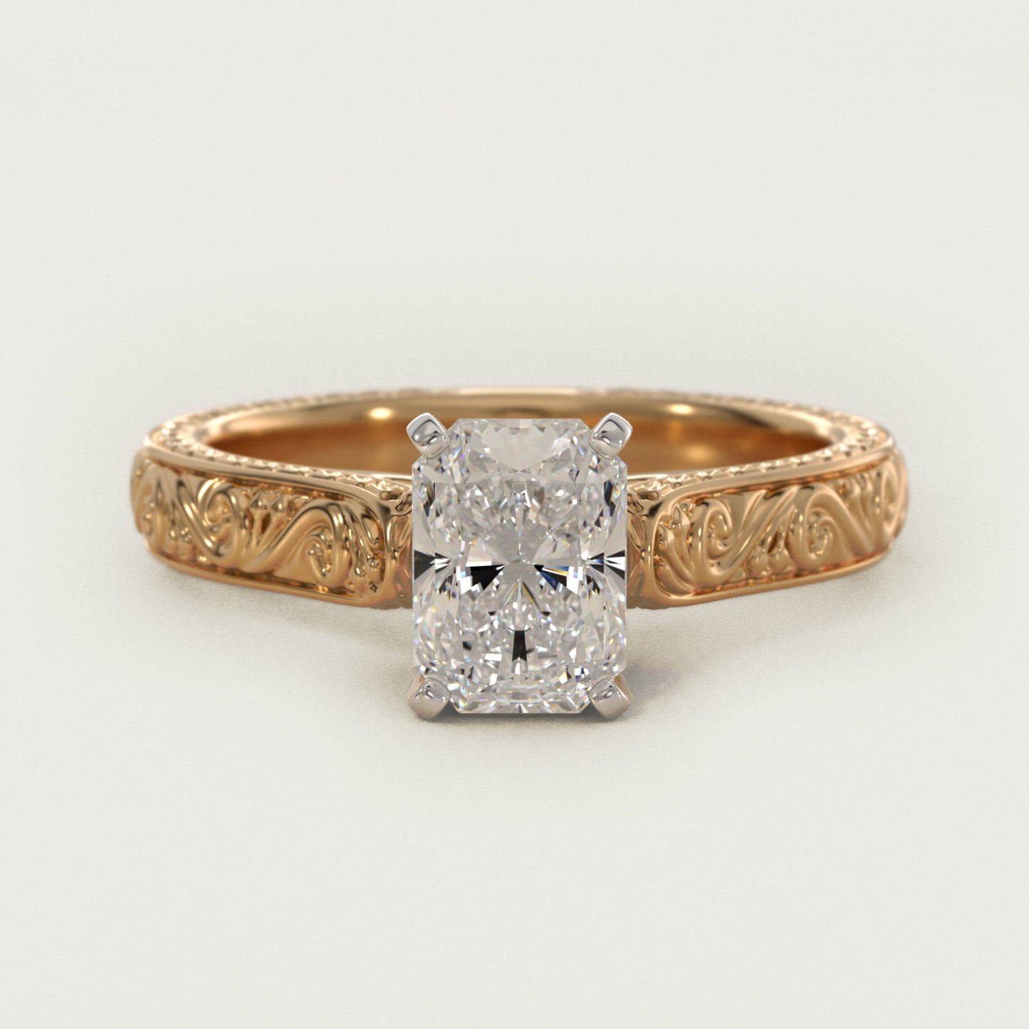 Hand-Engraved Solitaire Engagement Ring in 14K Yellow Gold - Radiant Center