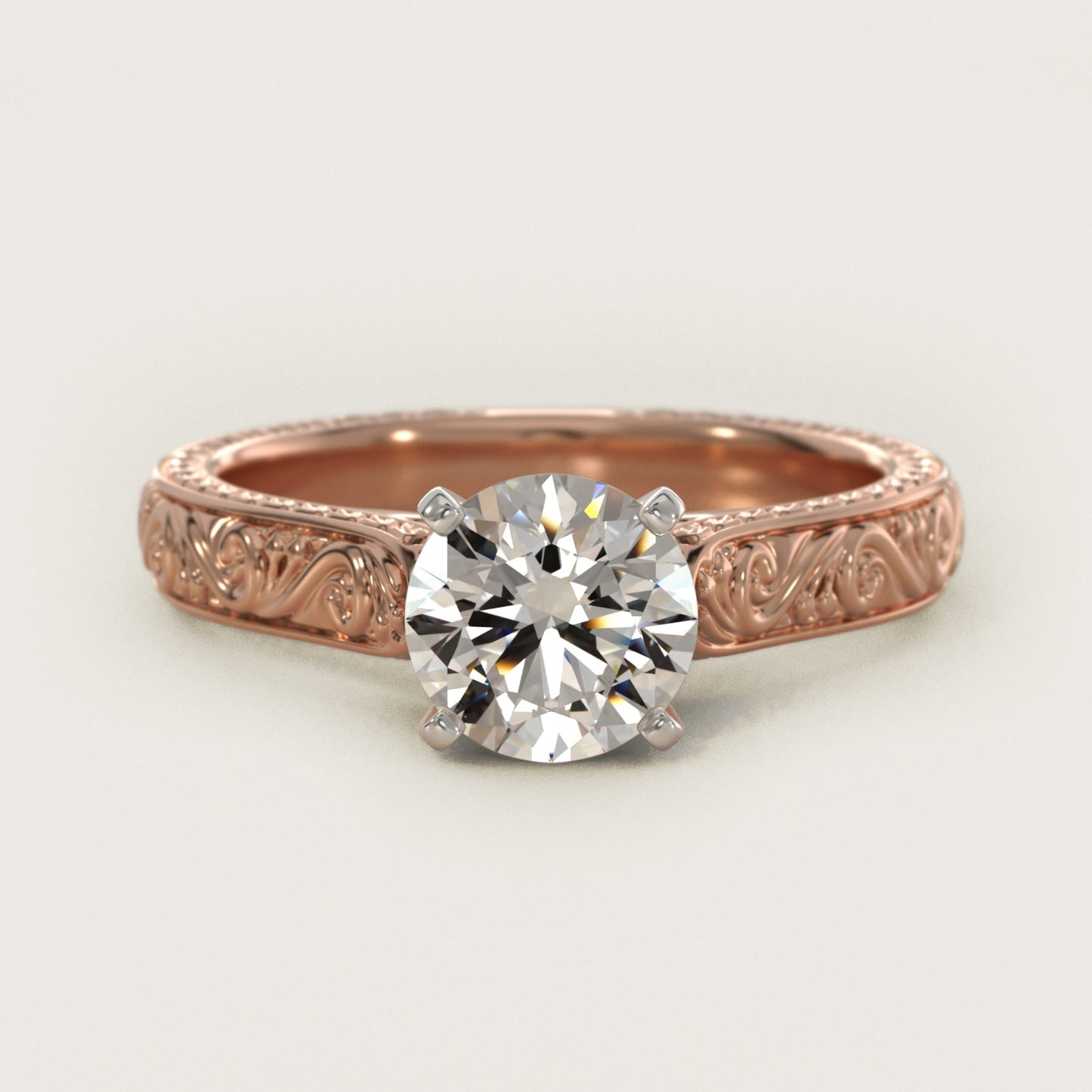 Hand-Engraved Solitaire Engagement Ring in 14k Rose Gold - Round Center
