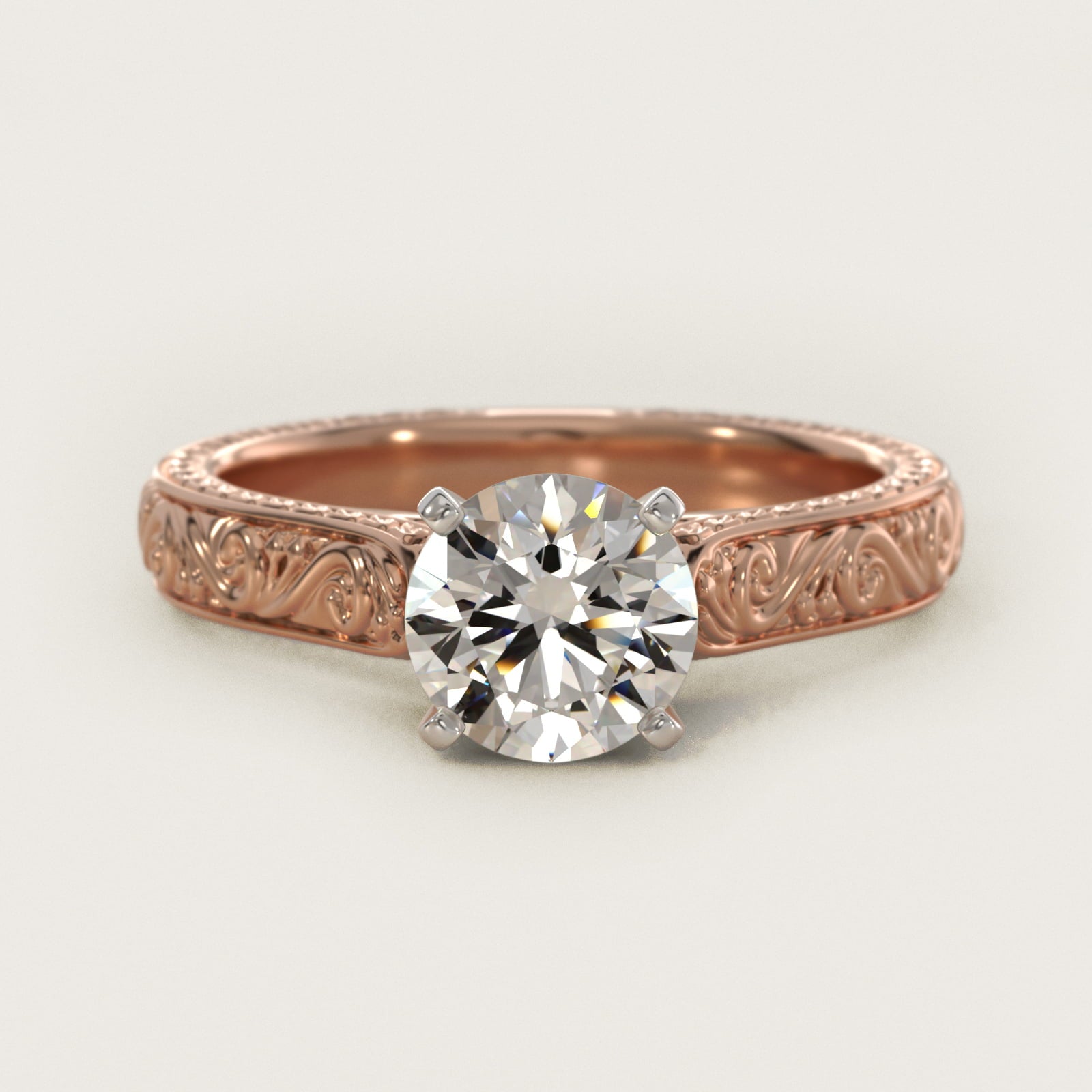Hand-Engraved Solitaire Engagement Ring in 14k Rose Gold - Round Center