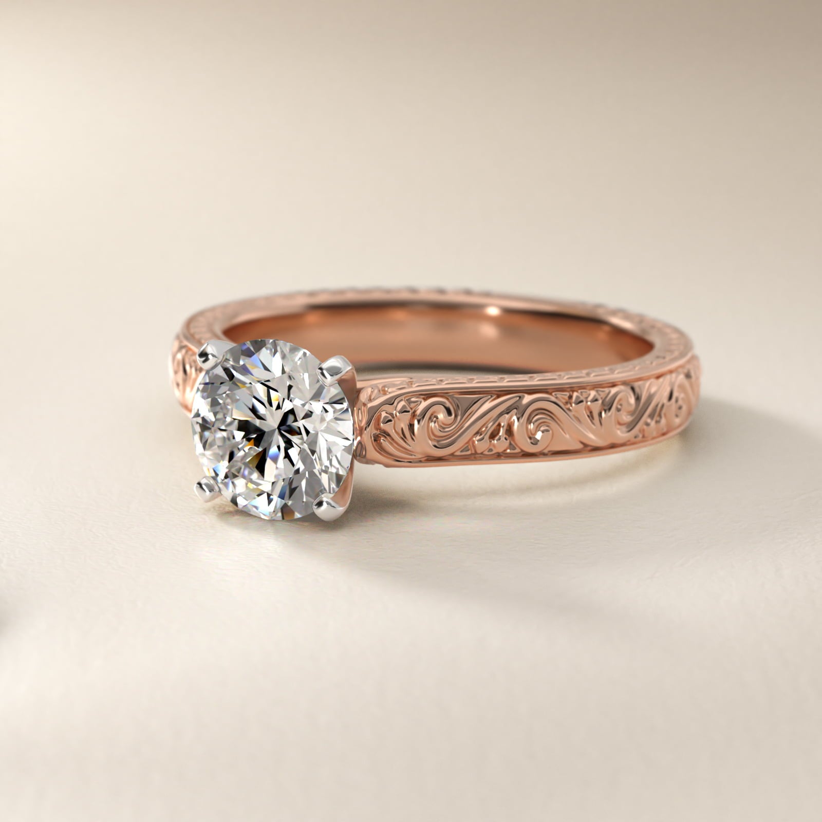 Hand-Engraved Solitaire Engagement Ring in 14k Rose Gold - Round Center
