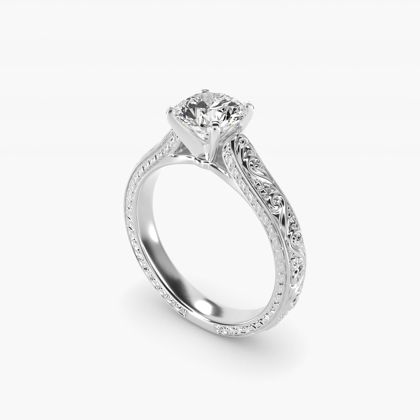 Hand-Engraved Solitaire Engagement Ring in 14K White Gold - Round Center