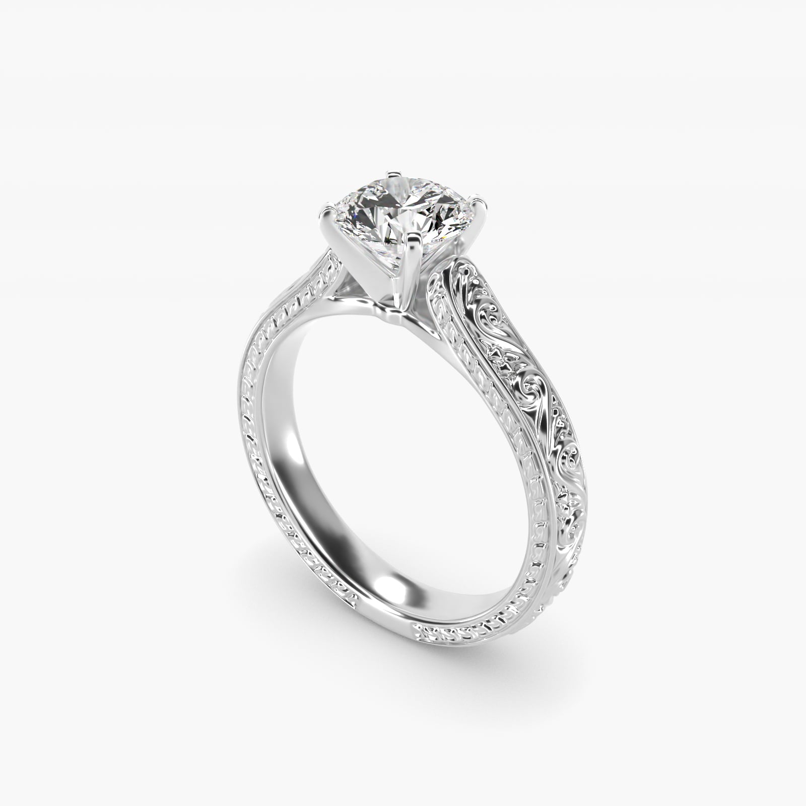Hand-Engraved Solitaire Engagement Ring in 14K White Gold - Round Center