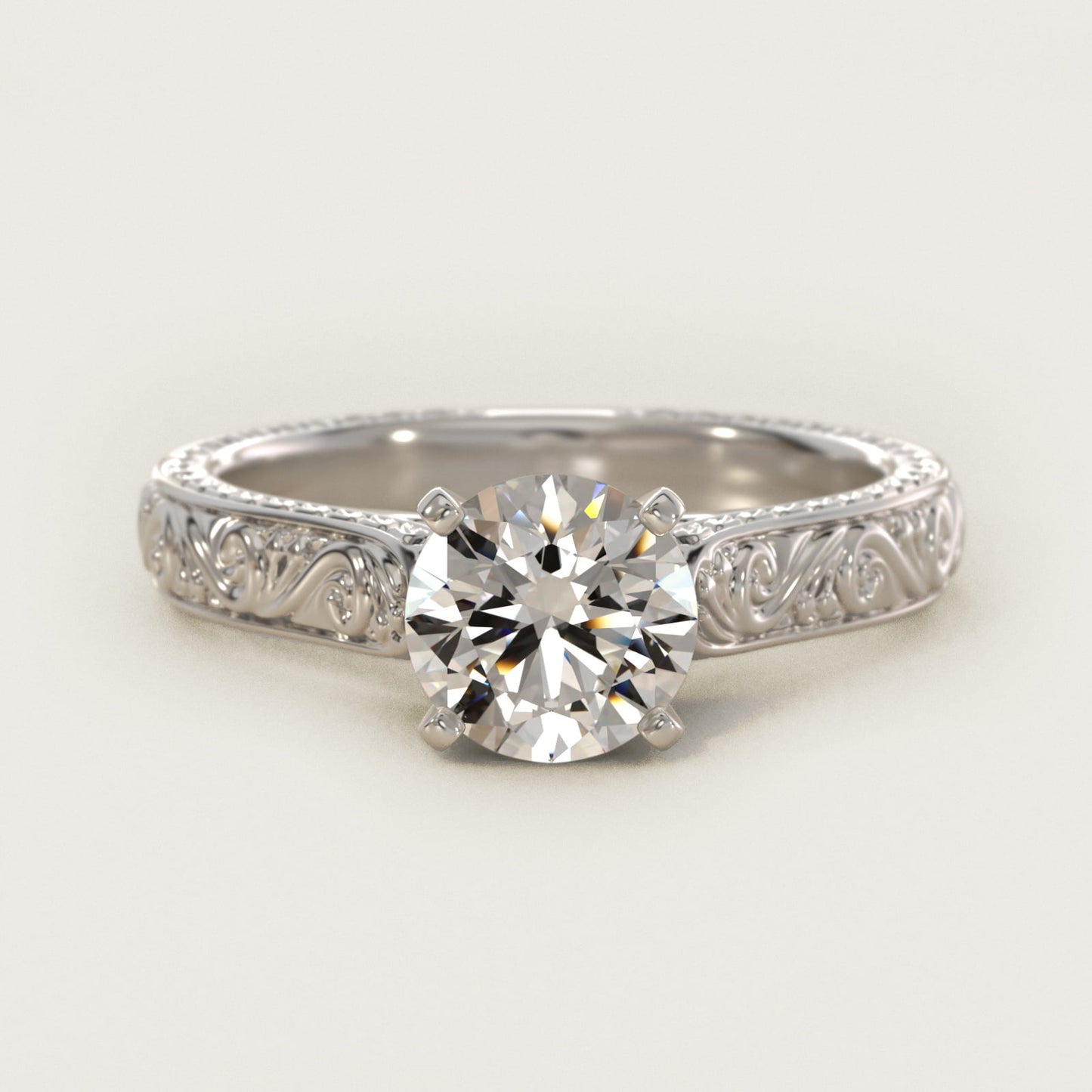 Hand-Engraved Solitaire Engagement Ring in 14K White Gold - Round Center