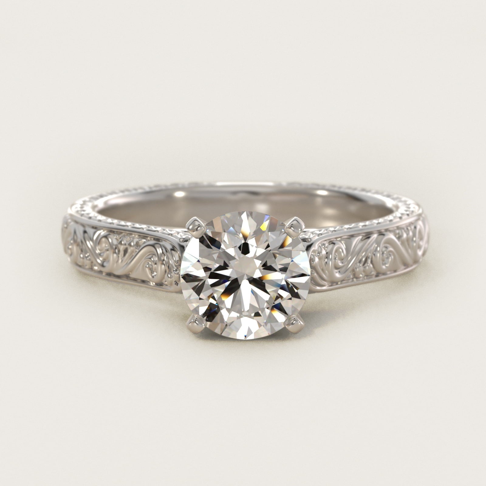 Hand-Engraved Solitaire Engagement Ring in 18k White Gold - Round Center