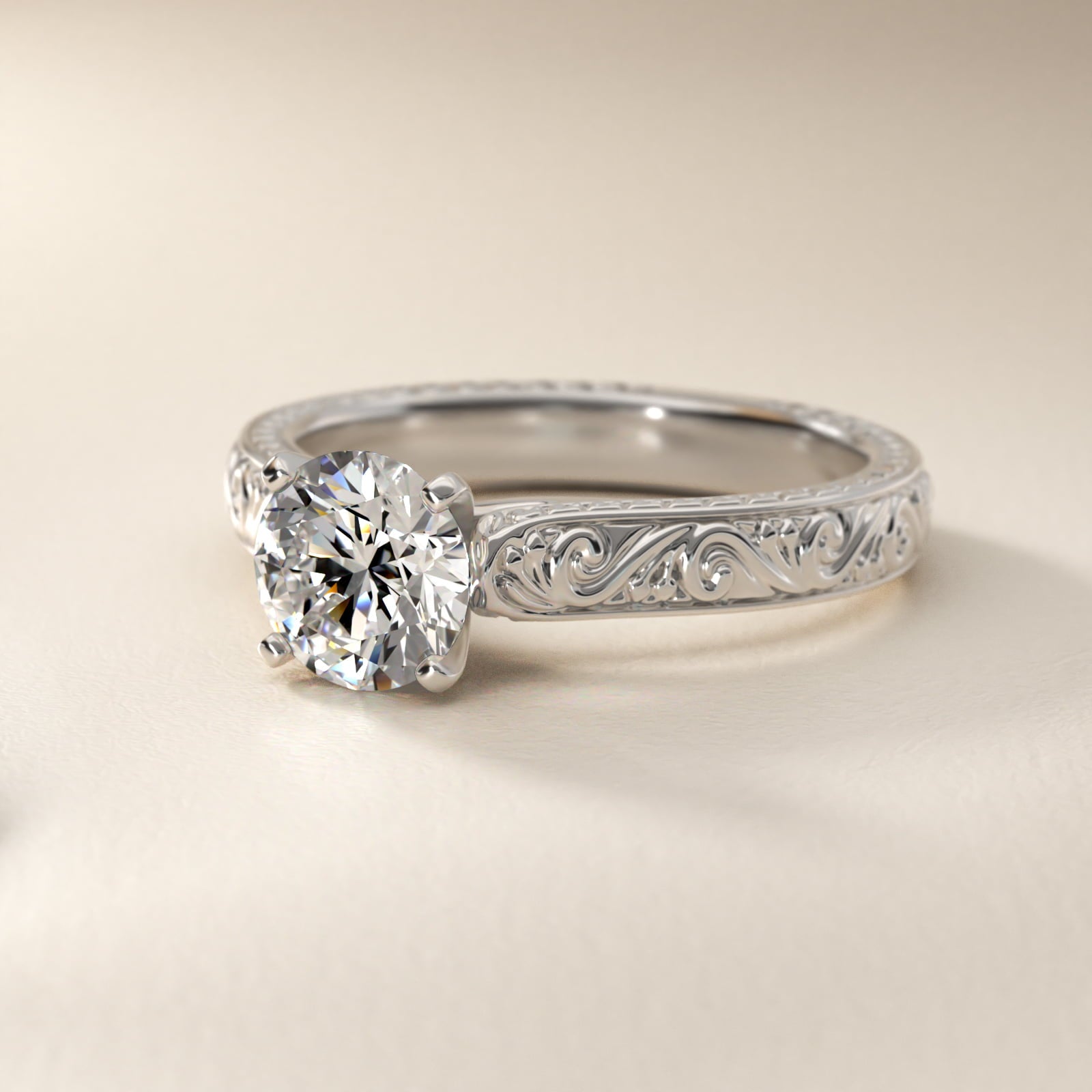 Hand-Engraved Solitaire Engagement Ring in 18k White Gold - Round Center