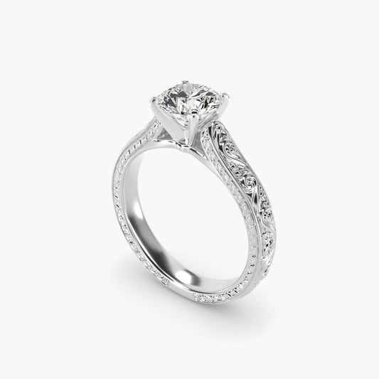 Hand-Engraved Solitaire Engagement Ring in Platinum - Round Center