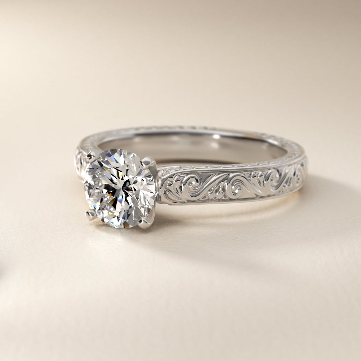Hand-Engraved Solitaire Engagement Ring in Platinum - Round Center