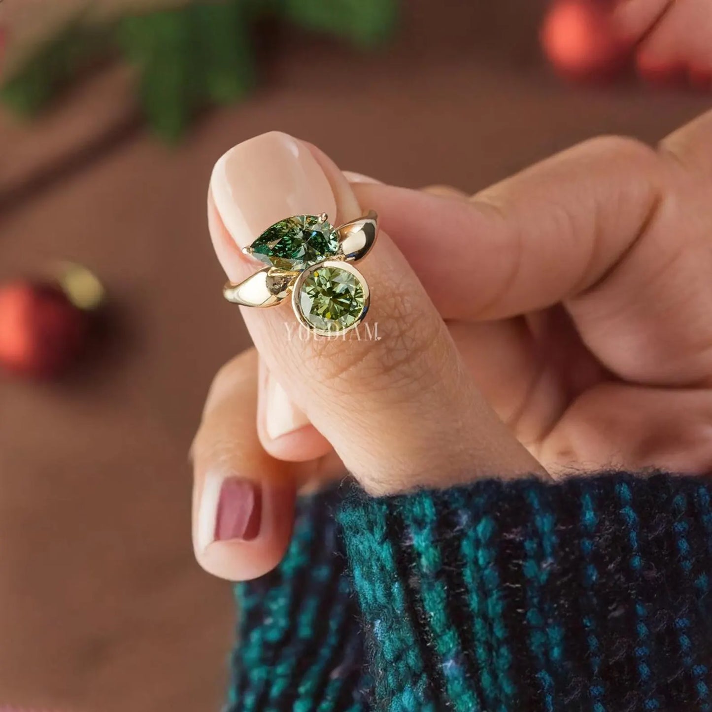 Toi Et Moi Ring Green Pear & Round Lab Diamond Engagement Ring