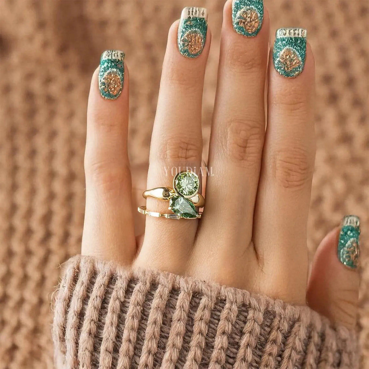 Toi Et Moi Ring Green Pear & Round Lab Diamond Engagement Ring