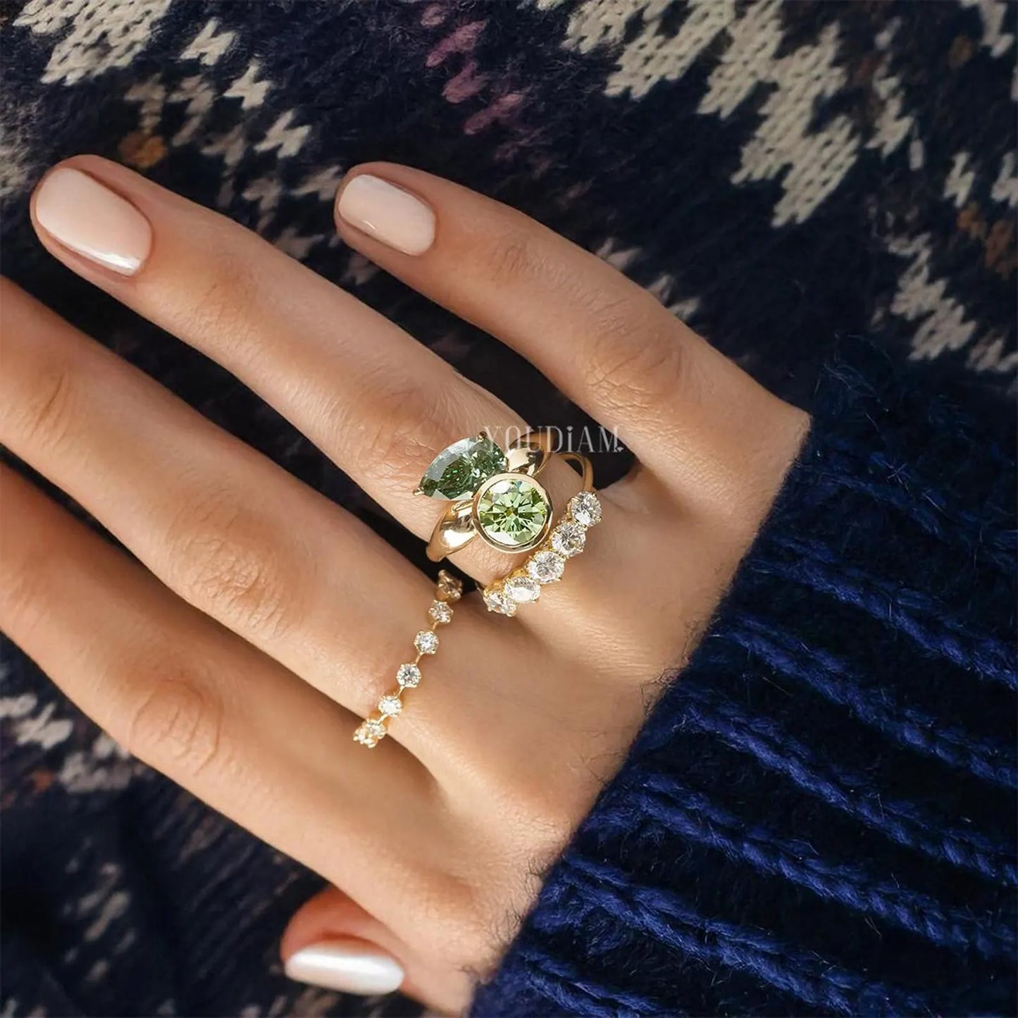 Toi Et Moi Ring Green Pear & Round Lab Diamond Engagement Ring