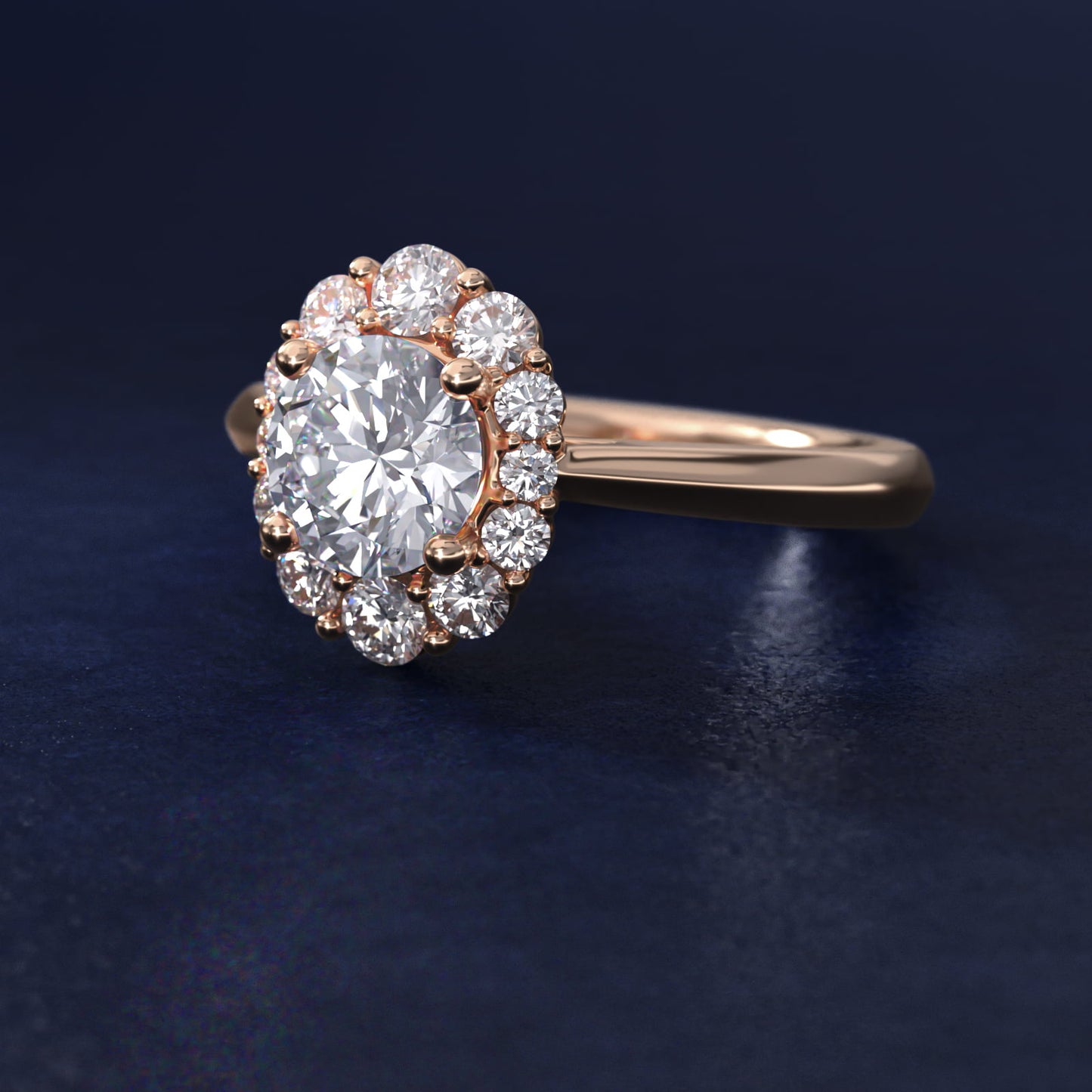 Knife Edge Graduated Oval Diamond Halo Engagement Ring in 18k Rose Gold (1/3 ct. tw.) - Round Center