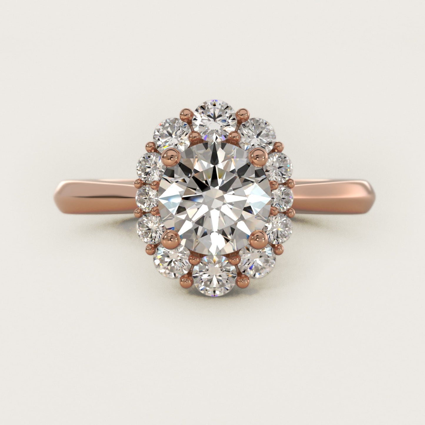 Knife Edge Graduated Oval Diamond Halo Engagement Ring in 18k Rose Gold (1/3 ct. tw.) - Round Center
