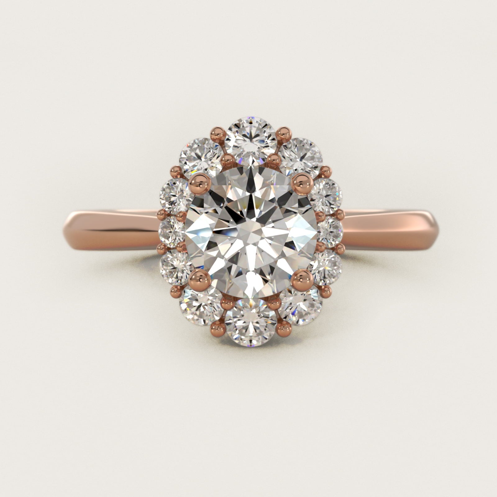 Knife Edge Graduated Oval Diamond Halo Engagement Ring in 18k Rose Gold (1/3 ct. tw.) - Round Center
