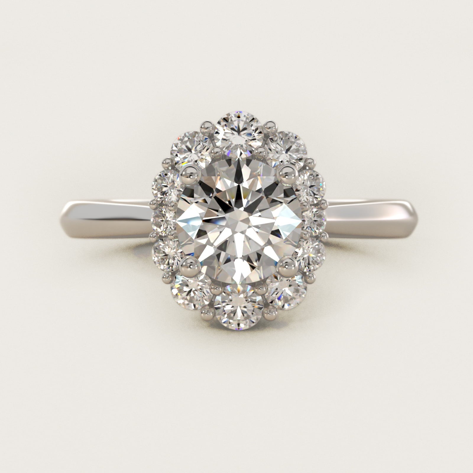 Knife Edge Graduated Oval Diamond Halo Engagement Ring in 18k White Gold (1/3 ct. tw.) - Round Center
