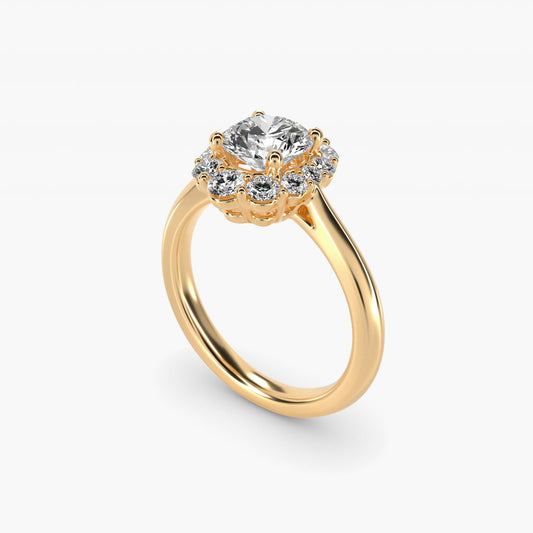 Knife Edge Graduated Oval Diamond Halo Engagement Ring in 18k Yellow Gold (1/3 ct. tw.) - Round Center