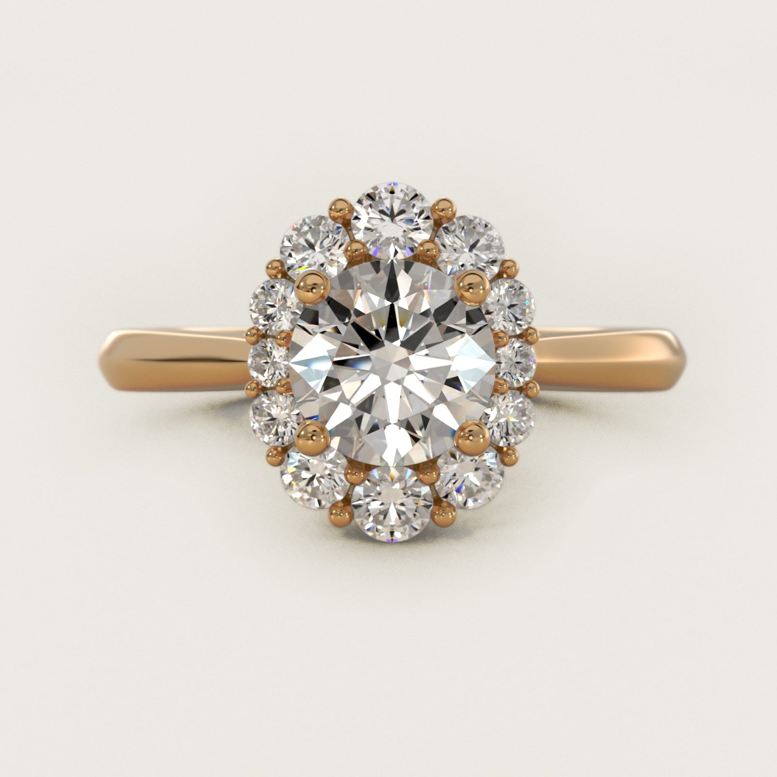 Knife Edge Graduated Oval Diamond Halo Engagement Ring in 18k Yellow Gold (1/3 ct. tw.) - Round Center