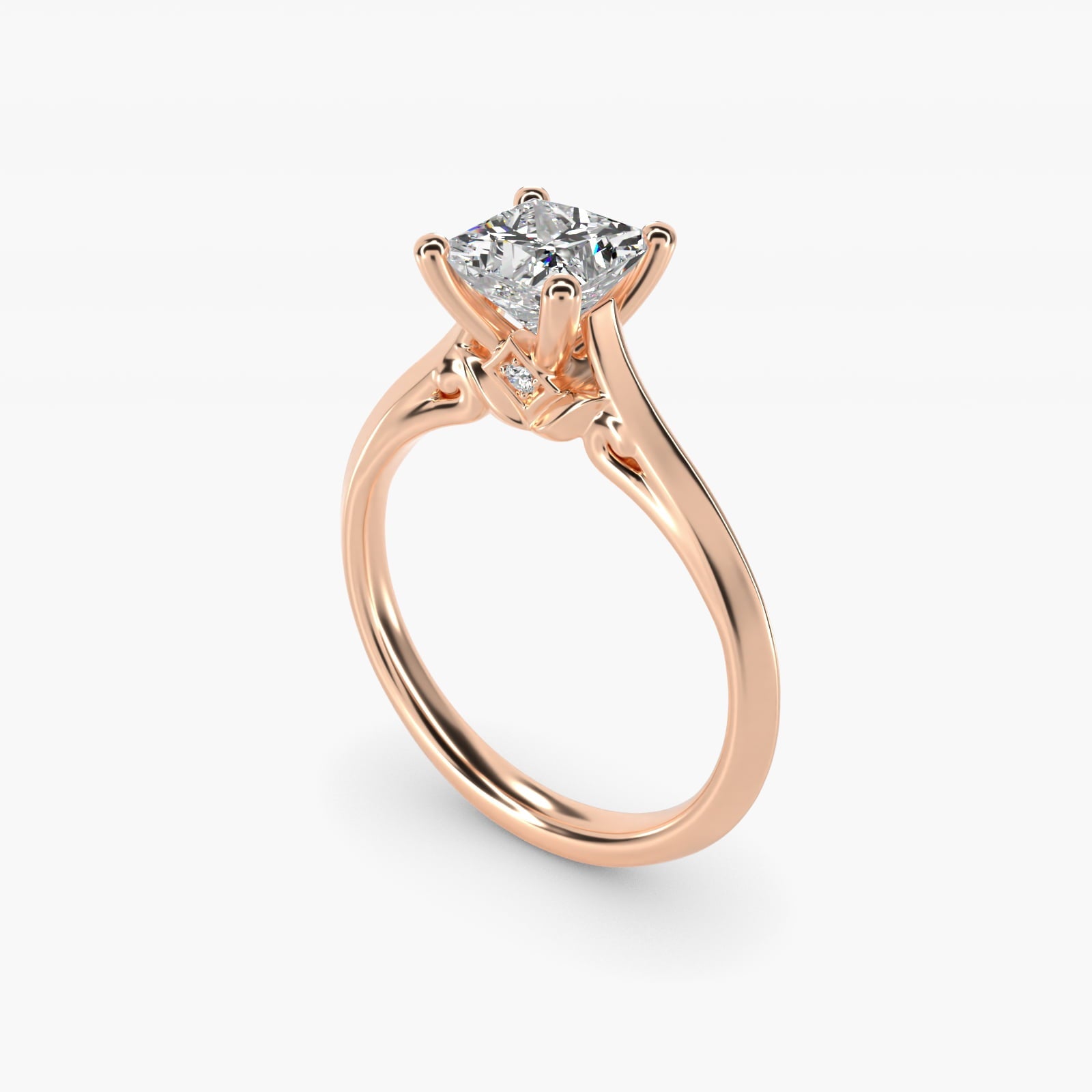 Knife Edge Lotus Bridge Solitaire Plus Diamond Engagement Ring in 18k Rose Gold - Princess Center