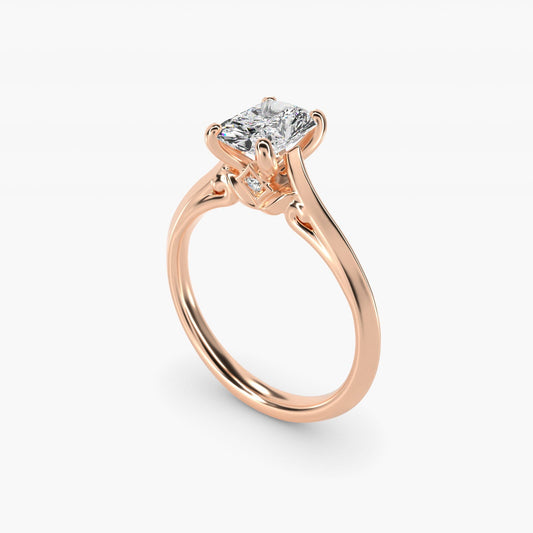 Knife Edge Lotus Bridge Solitaire Plus Diamond Engagement Ring in 18k Rose Gold - Radiant Center