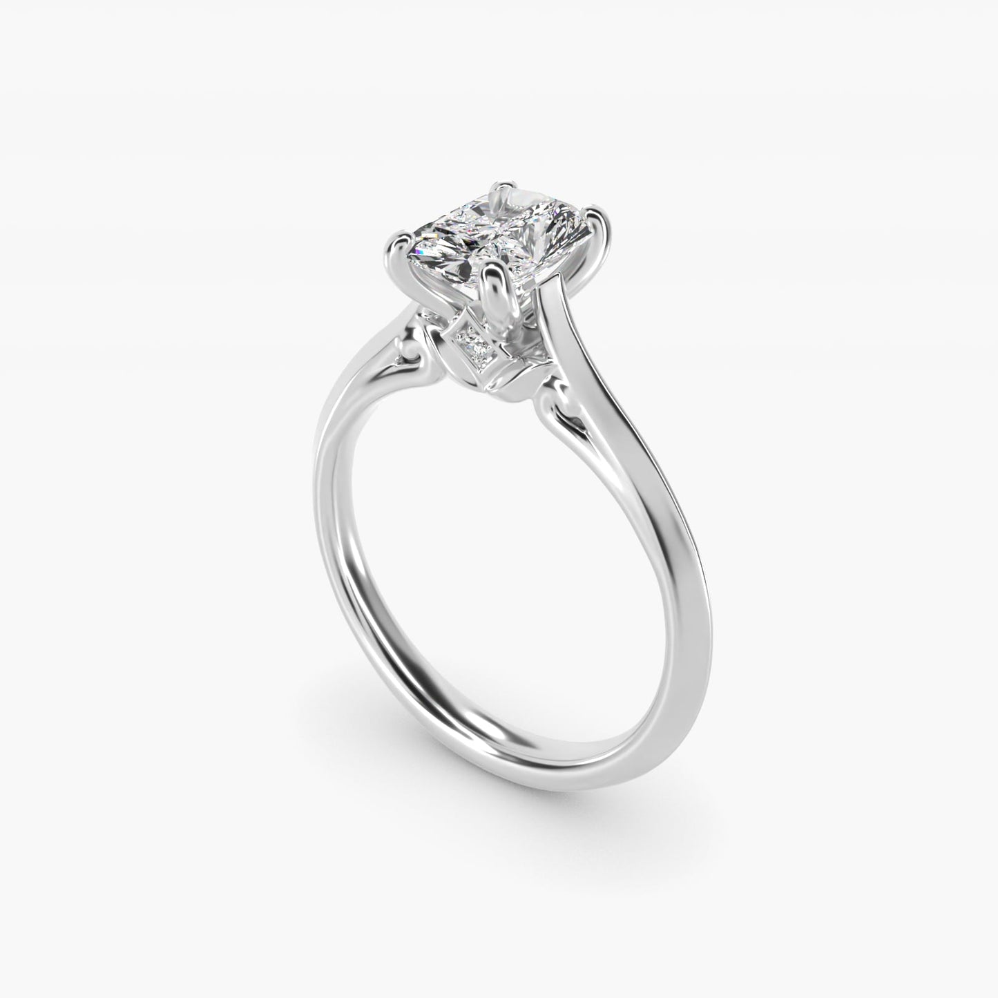 Knife Edge Lotus Bridge Solitaire Plus Diamond Engagement Ring in 18k White Gold - Radiant Center
