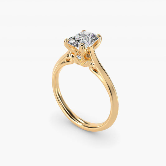 Knife Edge Lotus Bridge Solitaire Plus Diamond Engagement Ring in 14k Yellow Gold - Radiant Center