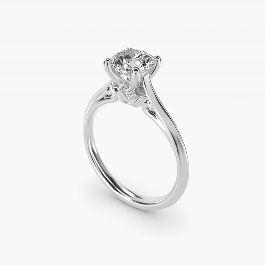 Knife Edge Lotus Bridge Solitaire Plus Diamond Engagement Ring in 18k White Gold - Round Center