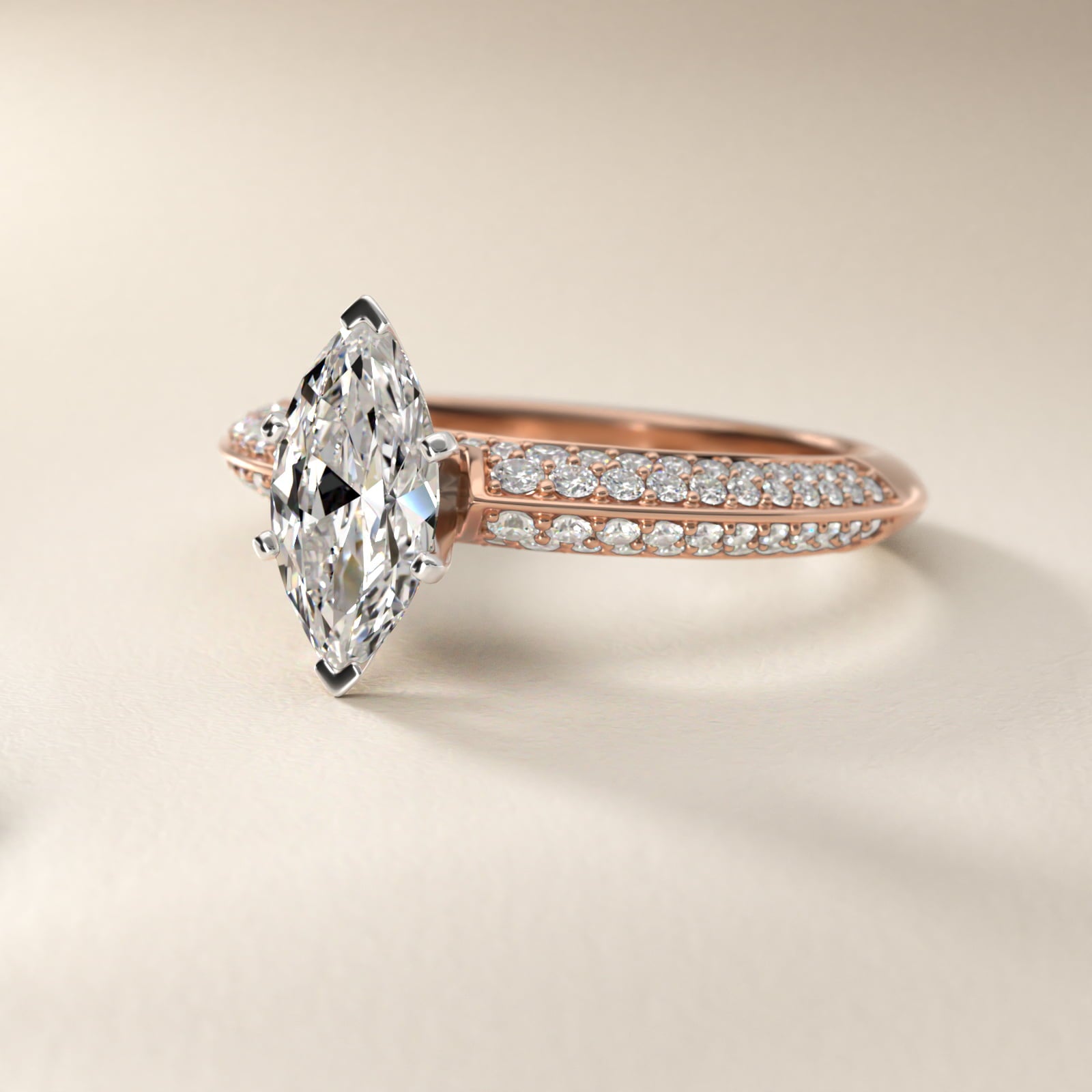 Knife Edge MicropavŽ Diamond Engagement Ring in 18k Rose Gold (1/3 ct. tw.) - Marquise Center