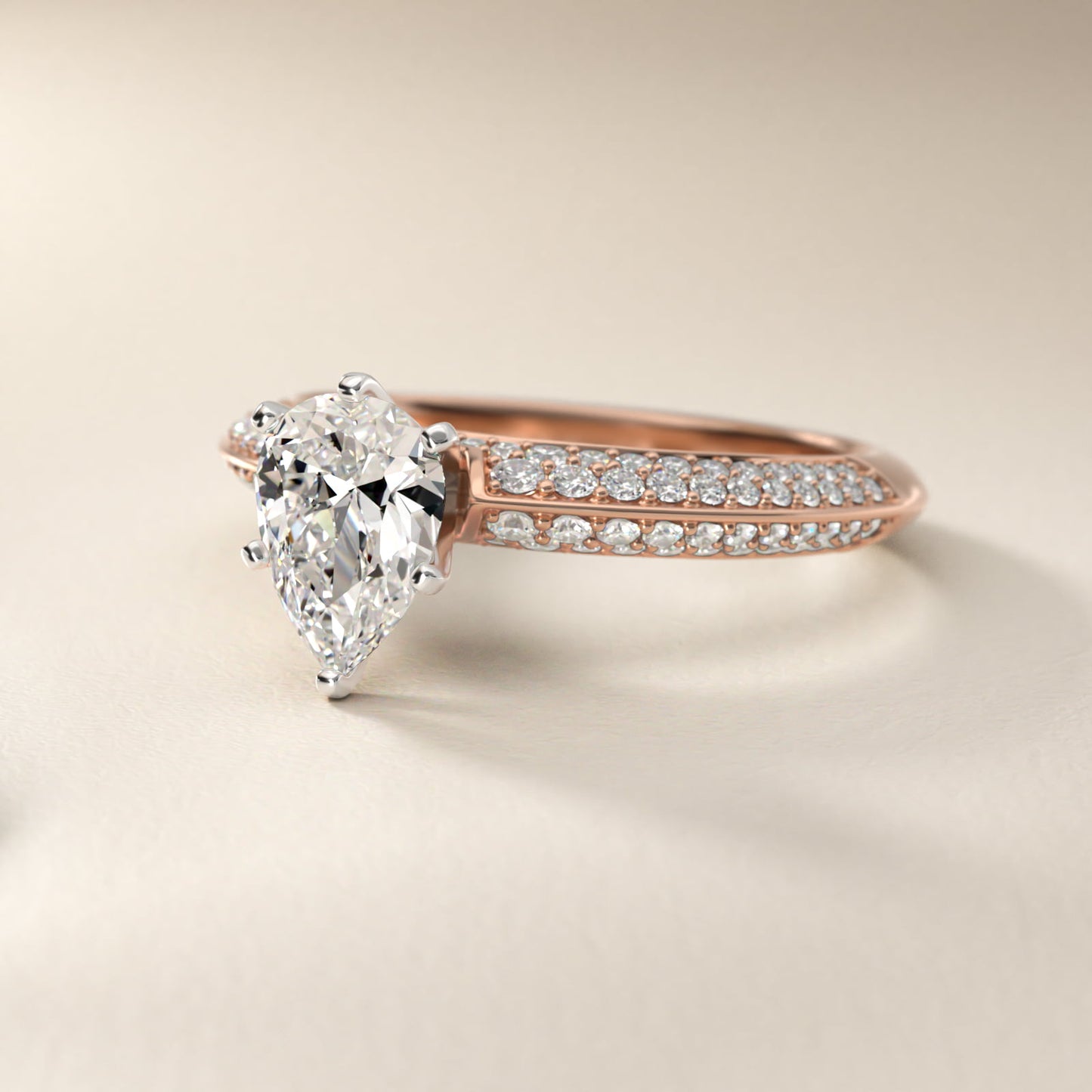Knife Edge MicropavŽ Diamond Engagement Ring in 18k Rose Gold (1/3 ct. tw.) - Pear Center