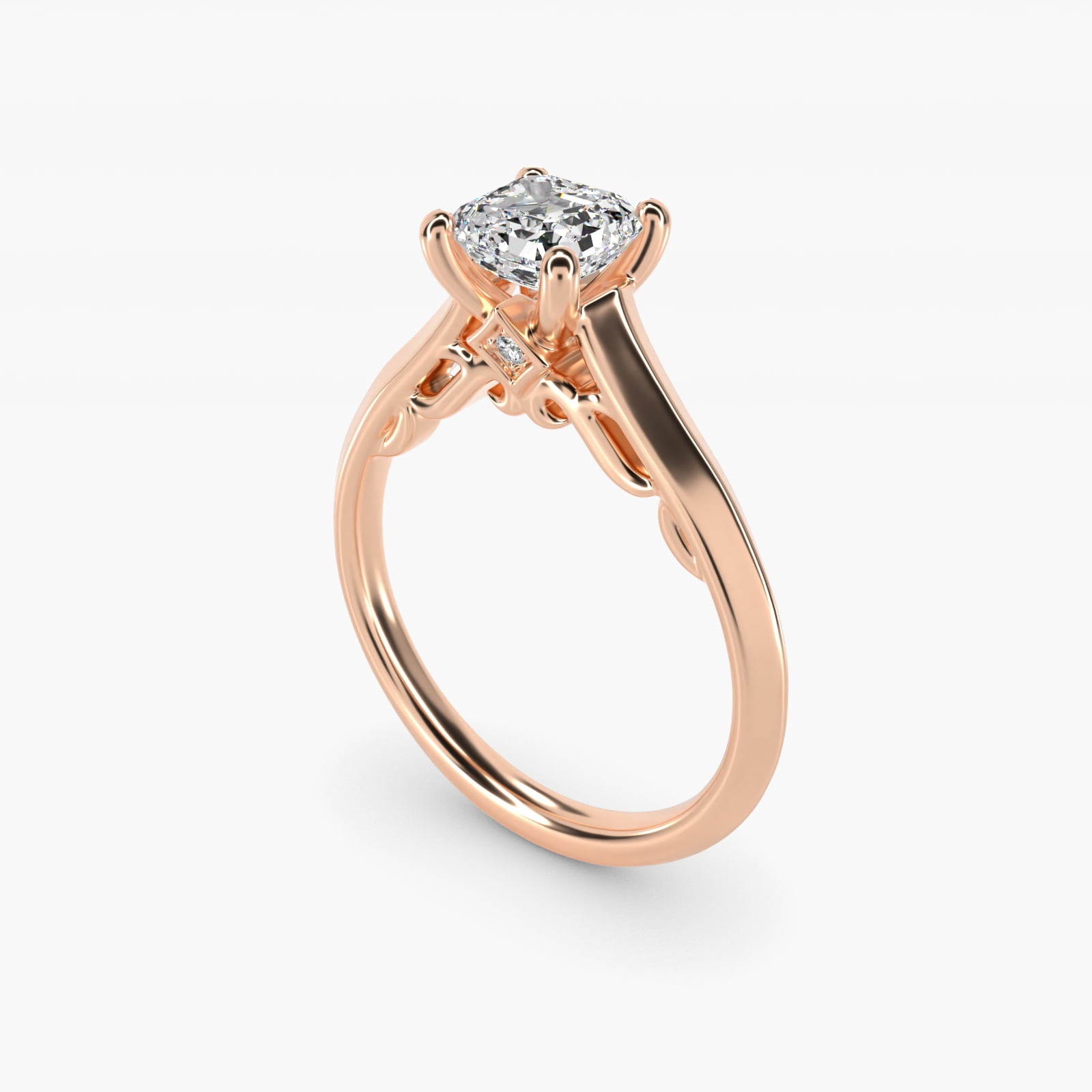 Knife Edge Scroll Solitaire Plus Diamond Engagement Ring in 14k Rose Gold - Asscher Center