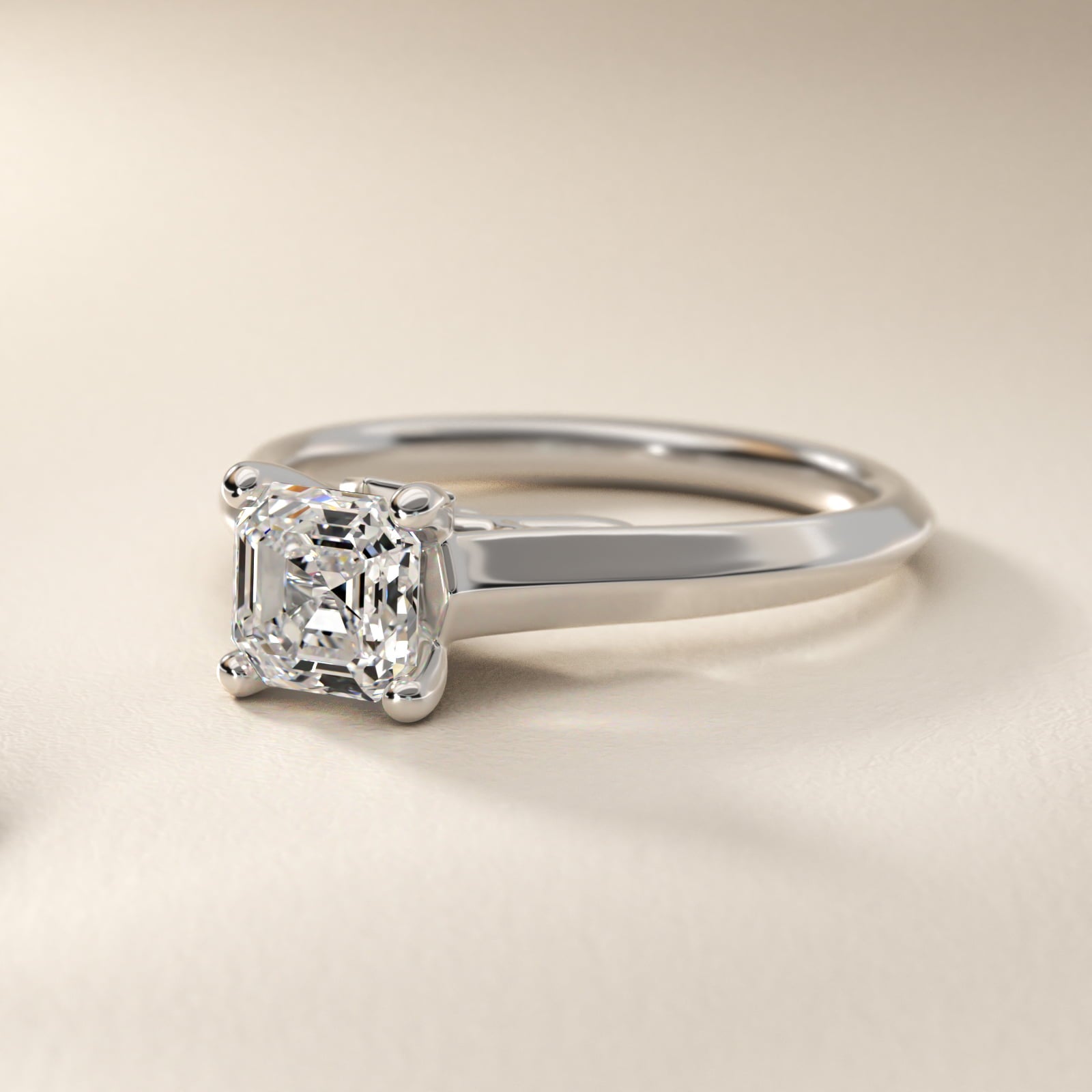 Knife Edge Scroll Solitaire Plus Diamond Engagement Ring in 18k White Gold - Asscher Center