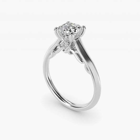 Knife Edge Scroll Solitaire Plus Diamond Engagement Ring in Platinum - Asscher Center