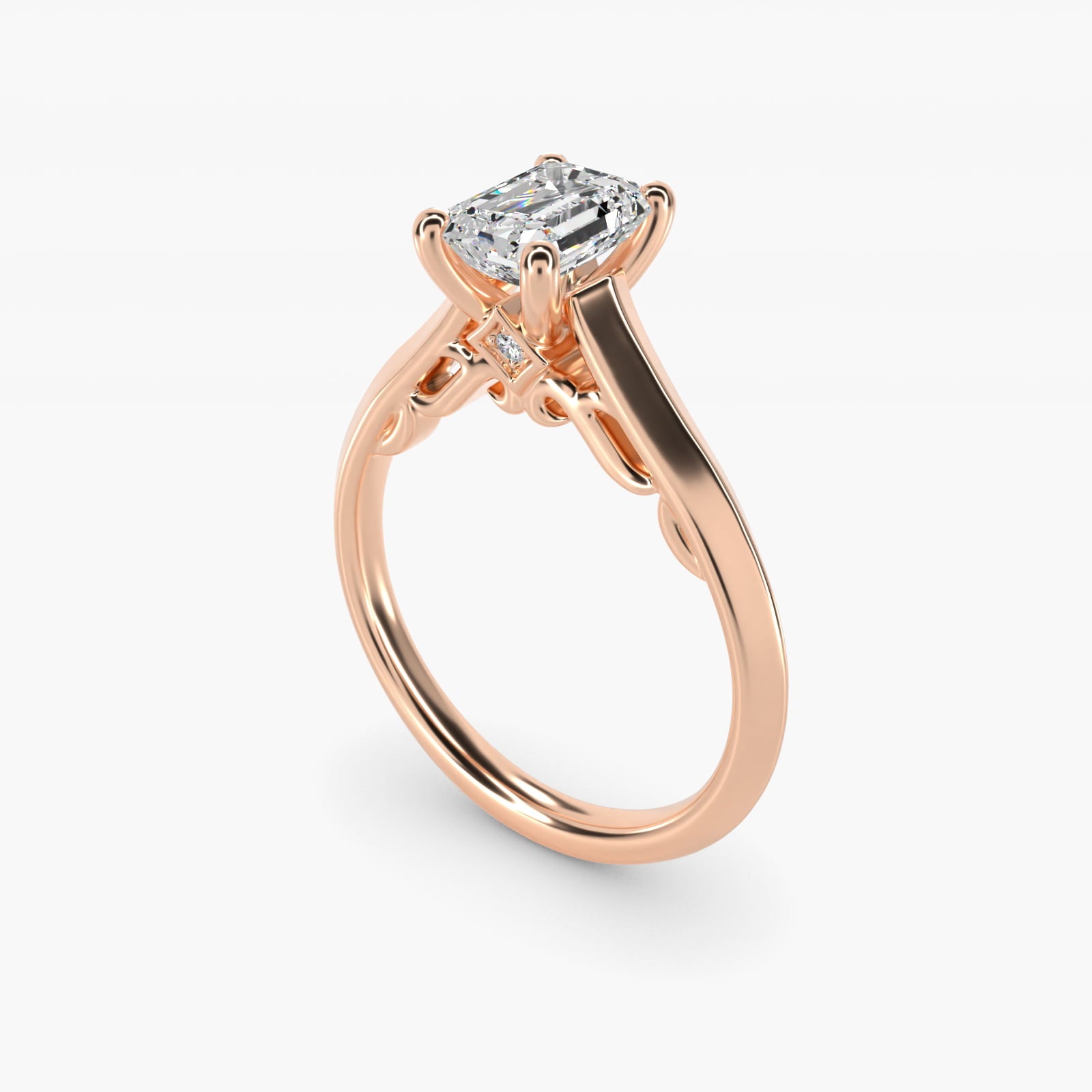Knife Edge Scroll Solitaire Plus Diamond Engagement Ring in 14k Rose Gold - Emerald Center