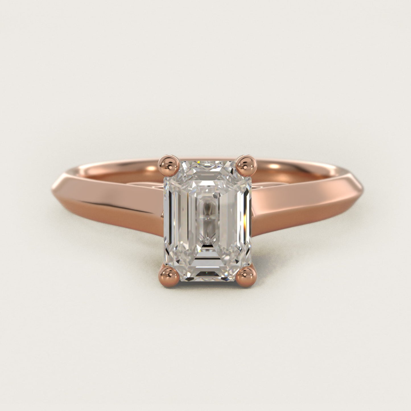 Knife Edge Scroll Solitaire Plus Diamond Engagement Ring in 18k Rose Gold - Emerald Center