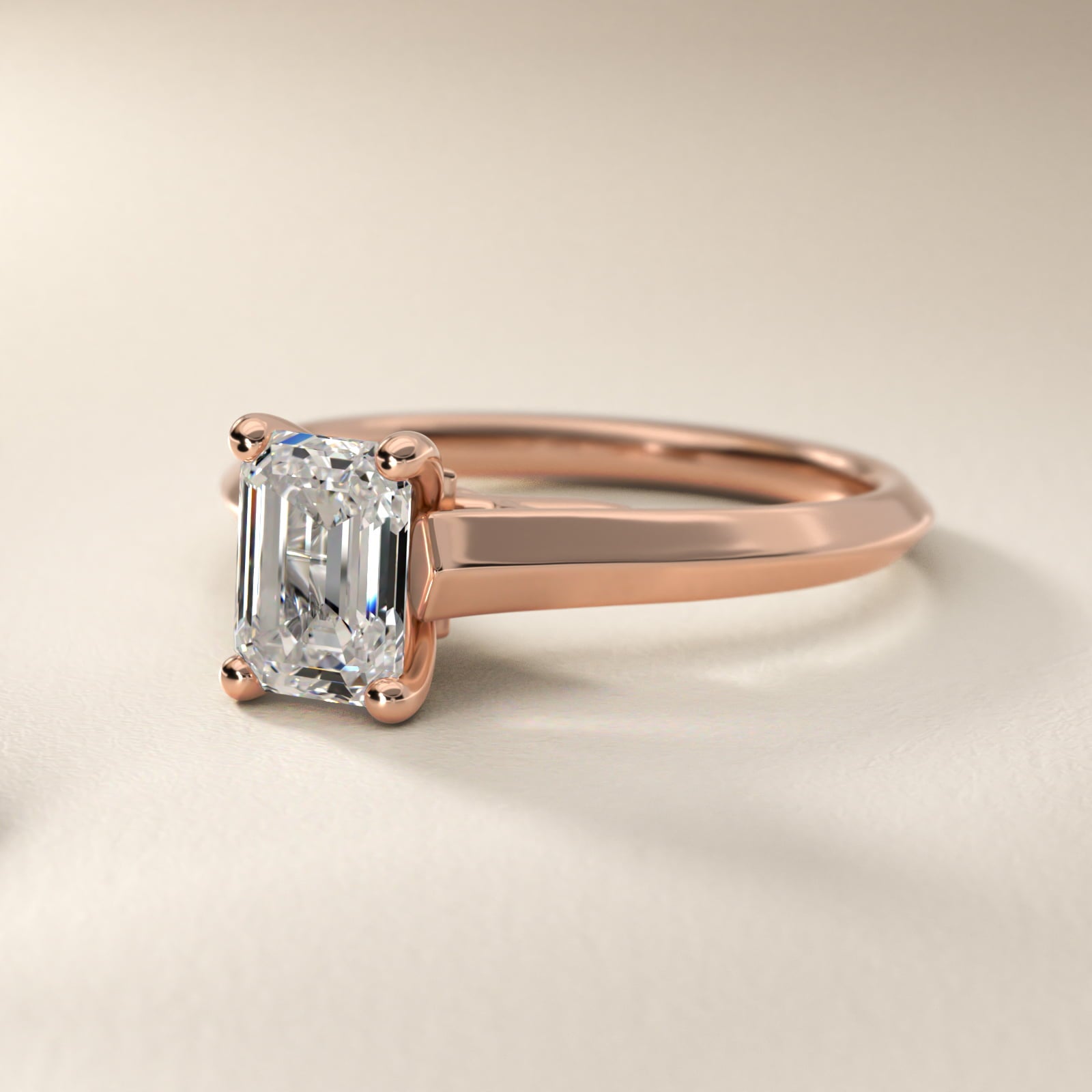Knife Edge Scroll Solitaire Plus Diamond Engagement Ring in 18k Rose Gold - Emerald Center